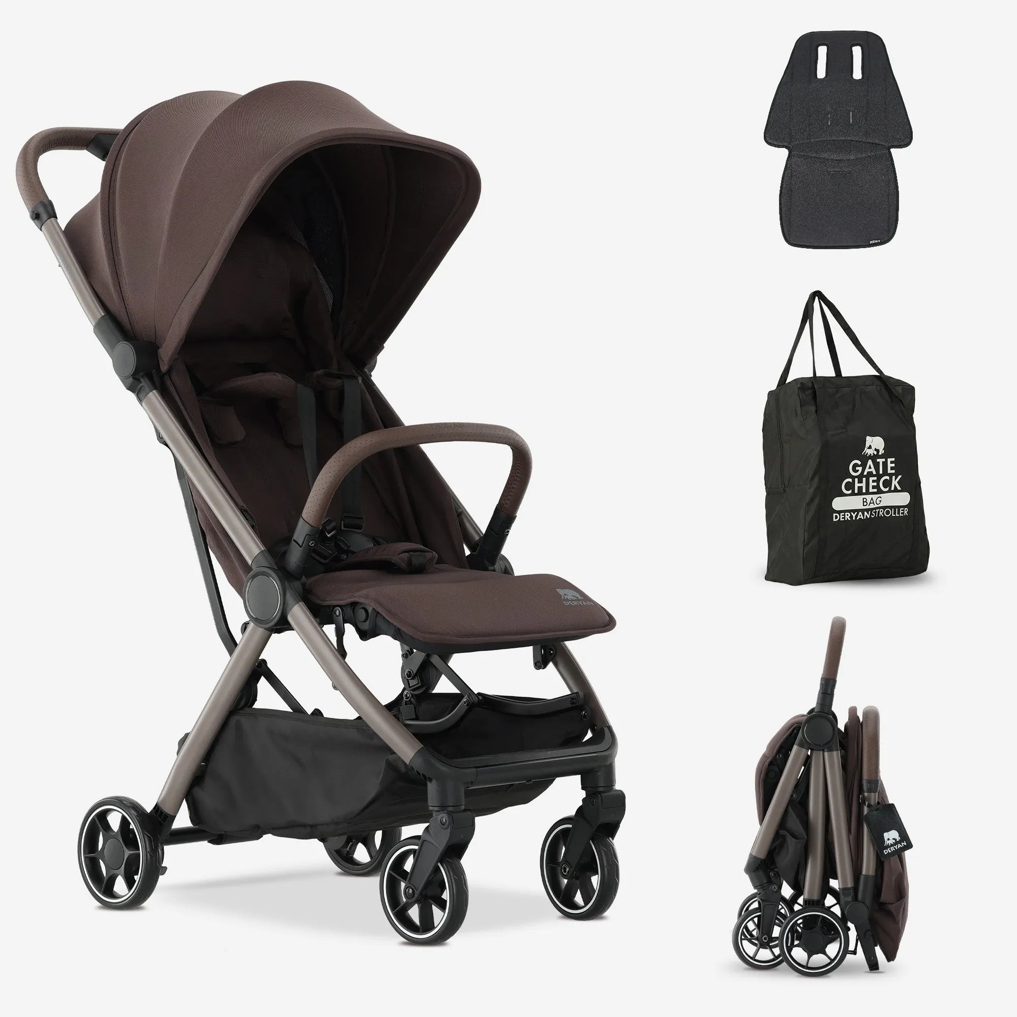 DERYAN Air Buggy Chocolate reisbuggy met inlegkussen, compact opvouwbaar ontwerp voor reizen en stadsgebruik