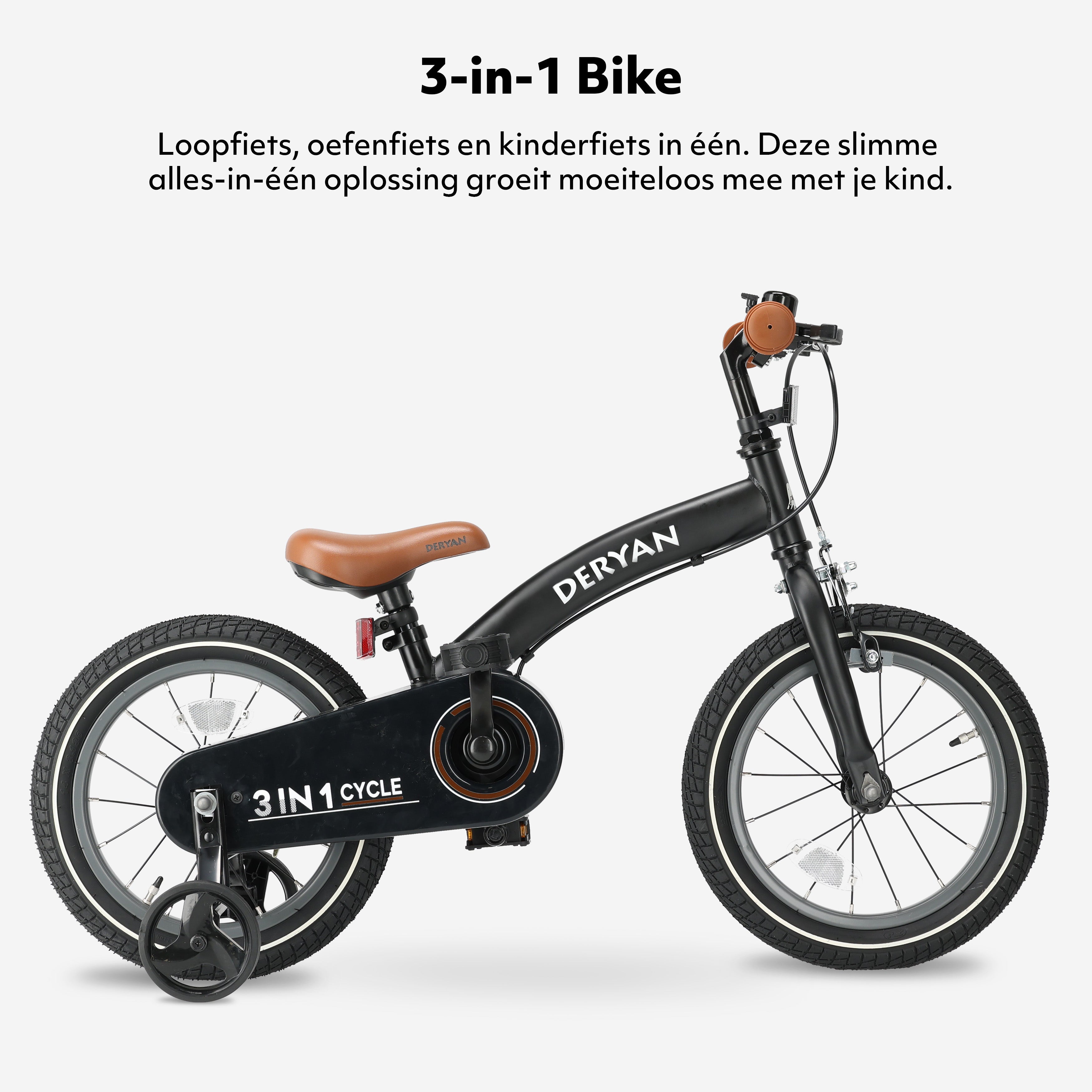 Luxe Kinderfiets 14 inch - 3 in 1 - loopfiets Zwart