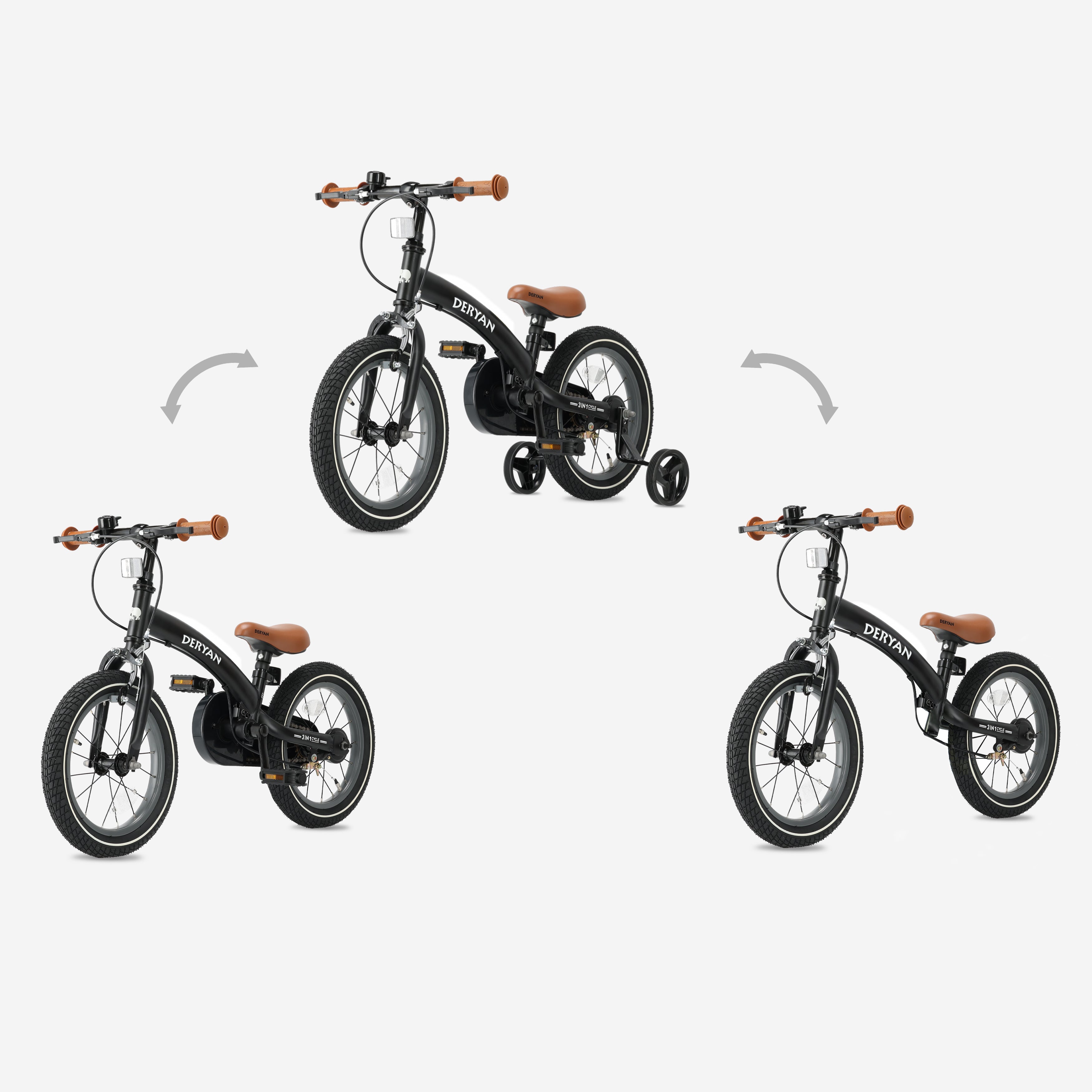 Luxe kinderfiets 14 inch zwart 3-in-1 met verstelbaar stuur en PU leren zadel