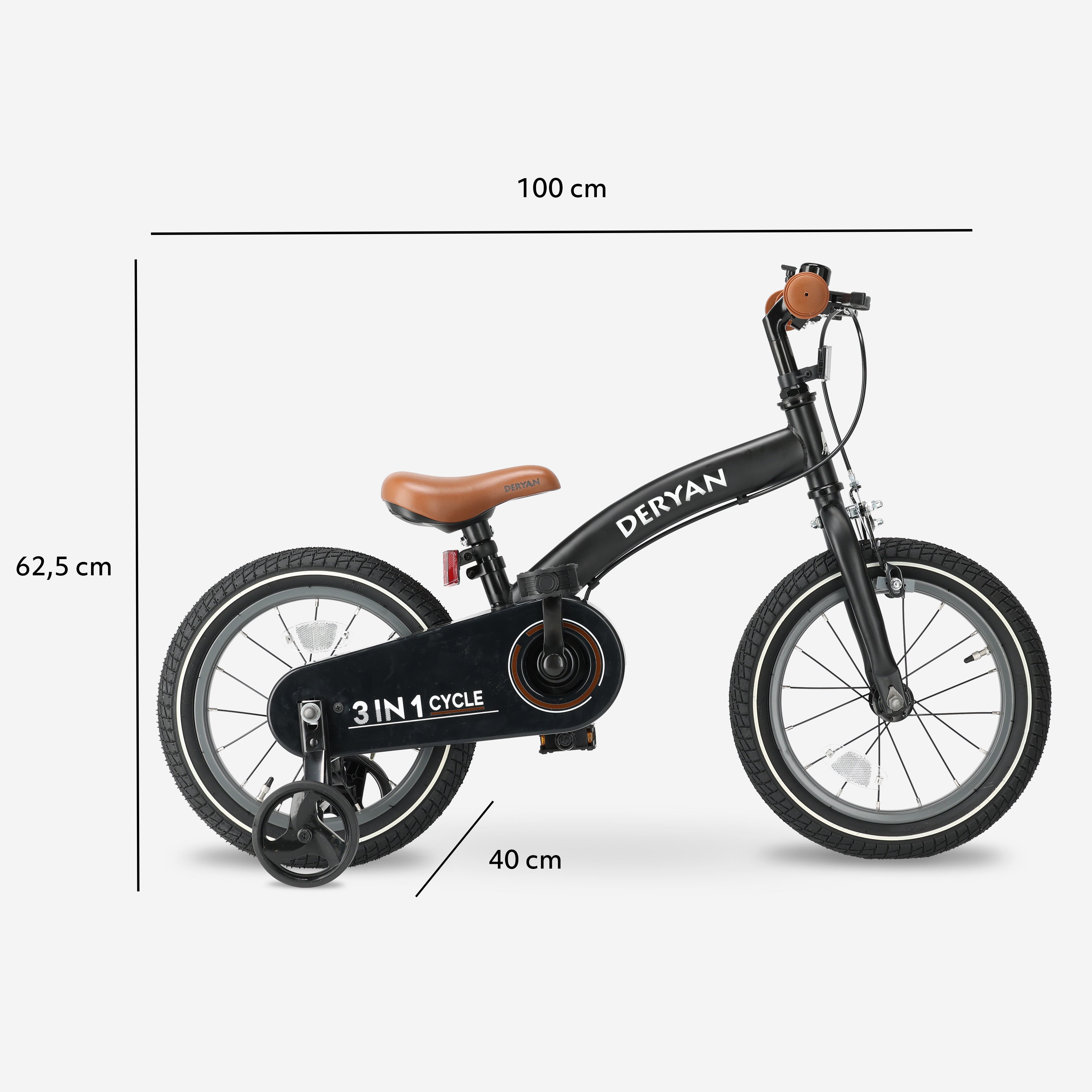 Luxe Kinderfiets 14 inch - 3 in 1 - loopfiets Zwart