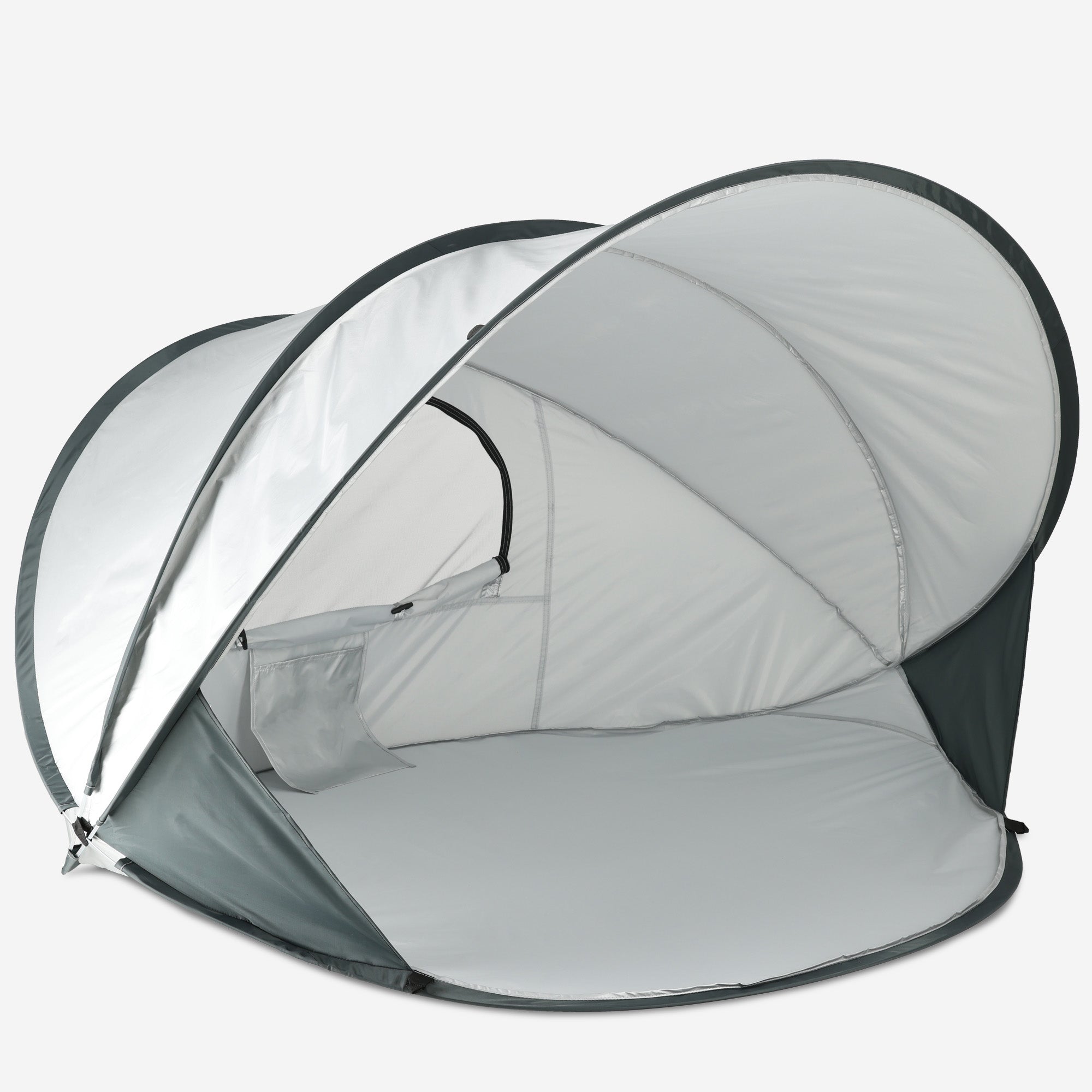 Strandtent XXL Zilver beachtent voor gezinnen met ruime binnenruimte en zilveren kleur