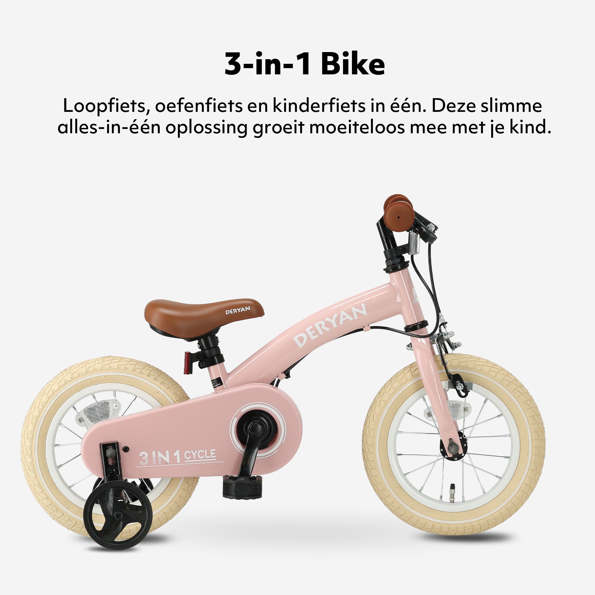 Luxe kinderfiets 12 inch roze 3-in-1 met verstelbaar stuur en PU leren zadel