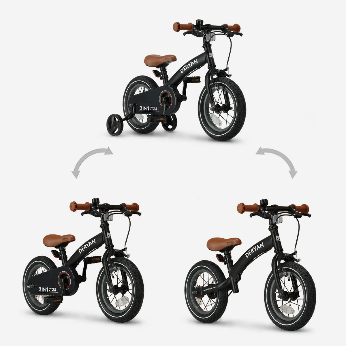 Luxe Kinderfiets 12 inch - 3 in 1 - loopfiets Zwart