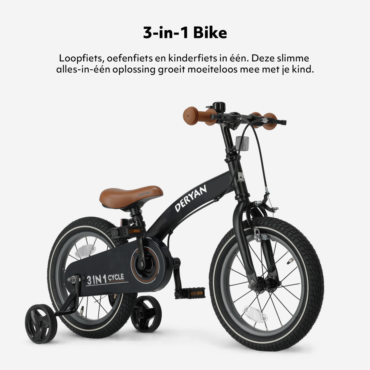 Luxe Kinderfiets 14 inch - 3 in 1 - loopfiets Zwart
