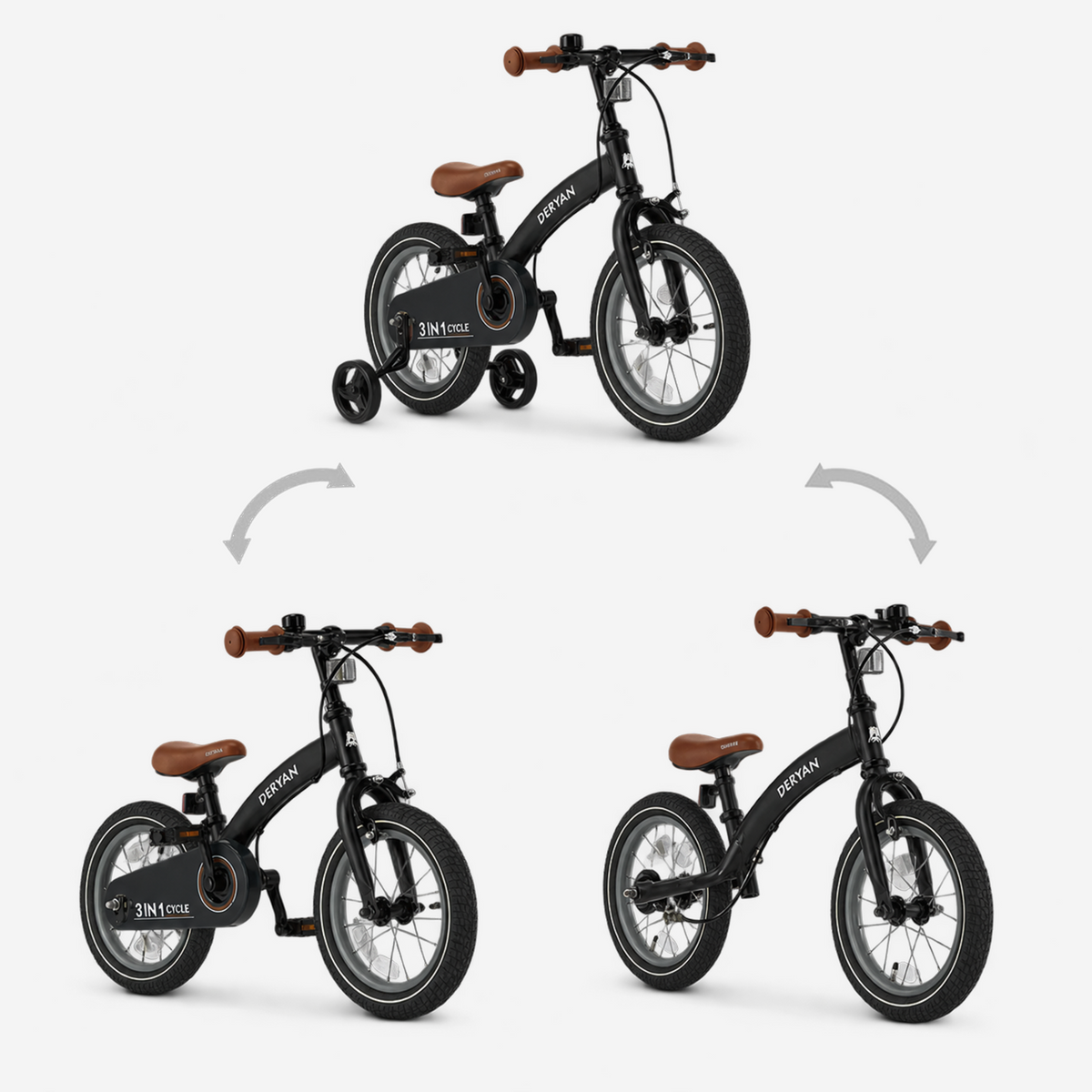 Luxe Kinderfiets 14 inch - 3 in 1 - loopfiets Zwart