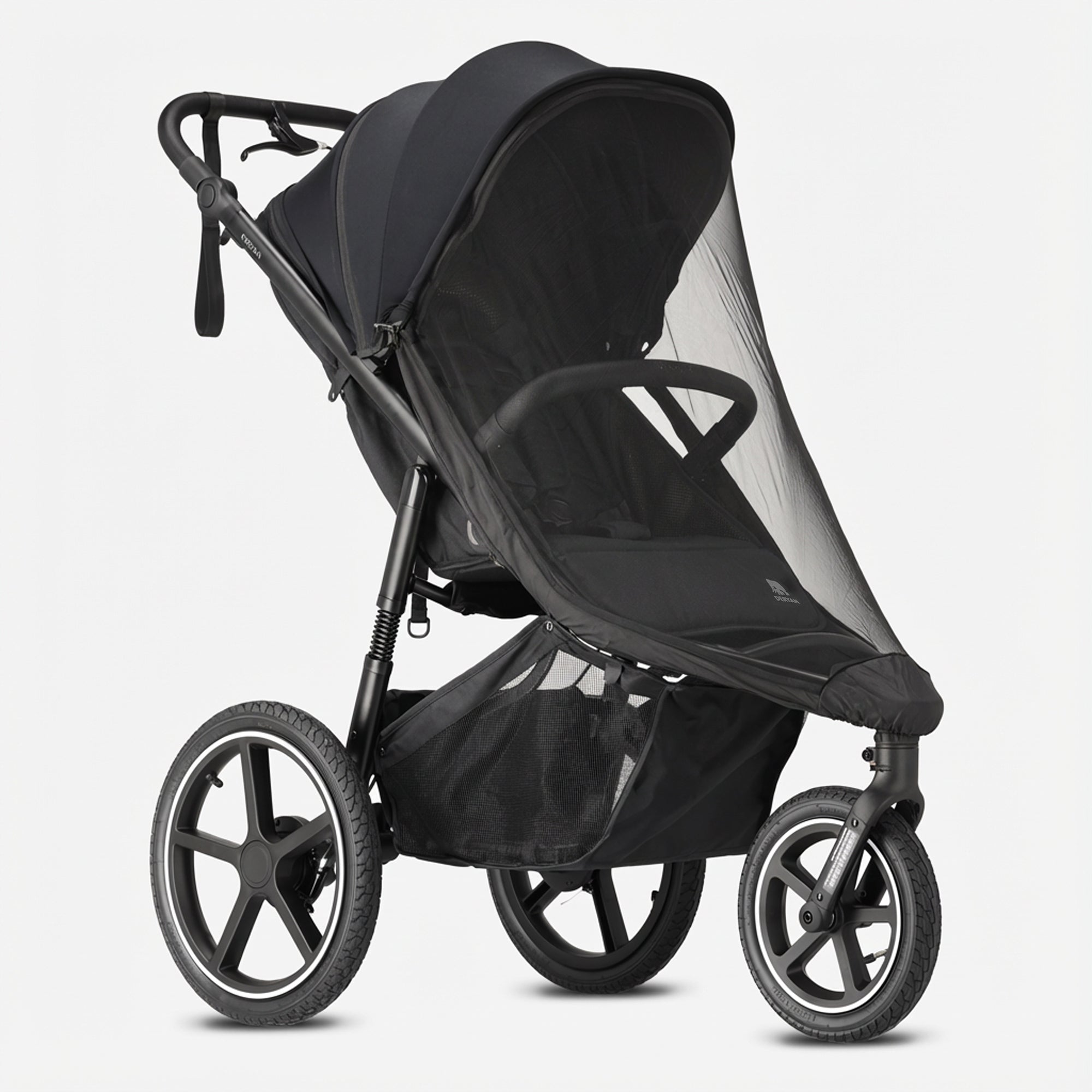 De DERYAN Bolt hardloop kinderwagen in het zwart is ontworpen voor gebruik tijdens hardlopen en wandelen met jonge kinderen. Het model heeft een vast voorwiel, een verstelbaar stuur, luchtbanden en een vijfpuntsgordel en is bedoeld voor gebruik op verharde en onverharde paden.