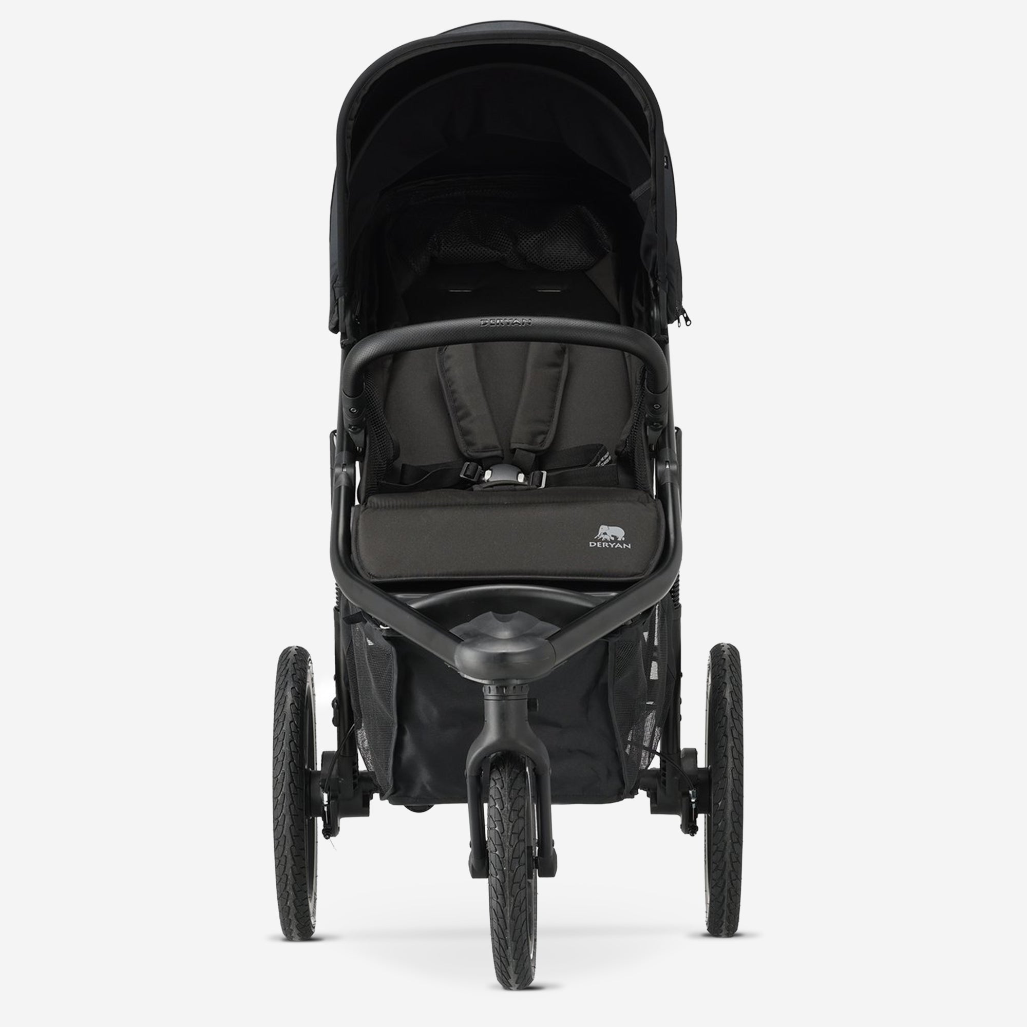 De DERYAN Bolt hardloop kinderwagen in het zwart is ontworpen voor gebruik tijdens hardlopen en wandelen met jonge kinderen. Het model heeft een vast voorwiel, een verstelbaar stuur, luchtbanden en een vijfpuntsgordel en is bedoeld voor gebruik op verharde en onverharde paden.