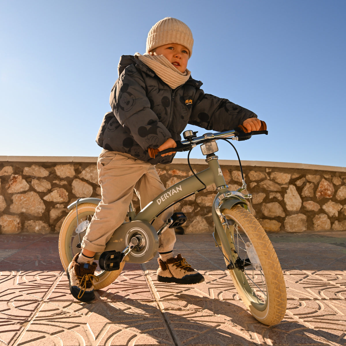 De DERYAN Luxe kinderfiets van veertien inch in het groen kan worden gebruikt als loopfiets, oefenfiets en kinderfiets. Het model heeft een verstelbaar stuur, een PU leren zadel, luchtbanden van veertien inch en een gesloten kettingkast. De fiets is bedoeld voor kinderen die leren fietsen.