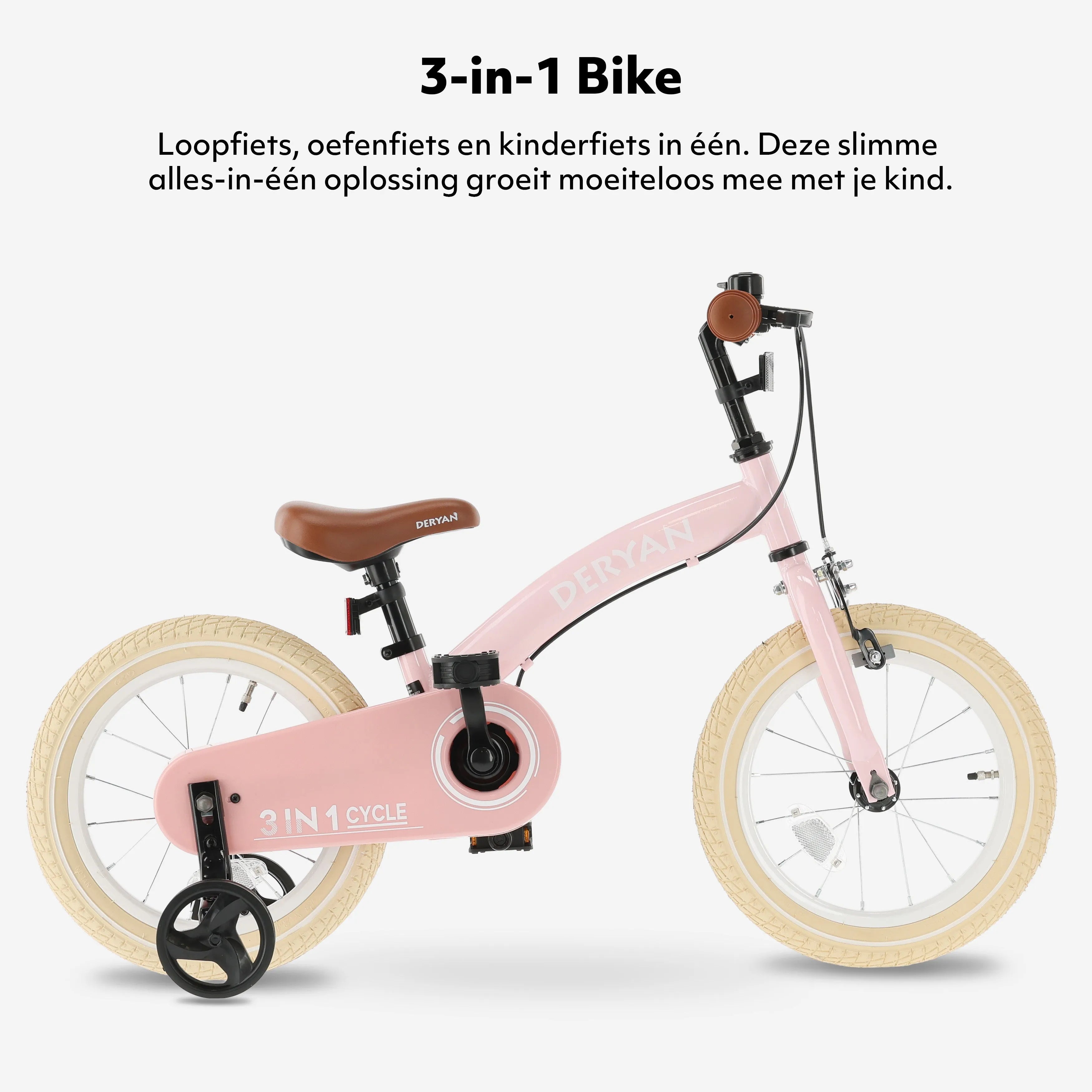 Luxe kinderfiets 14 inch roze 3-in-1 met gesloten kettingkast en luchtbanden
