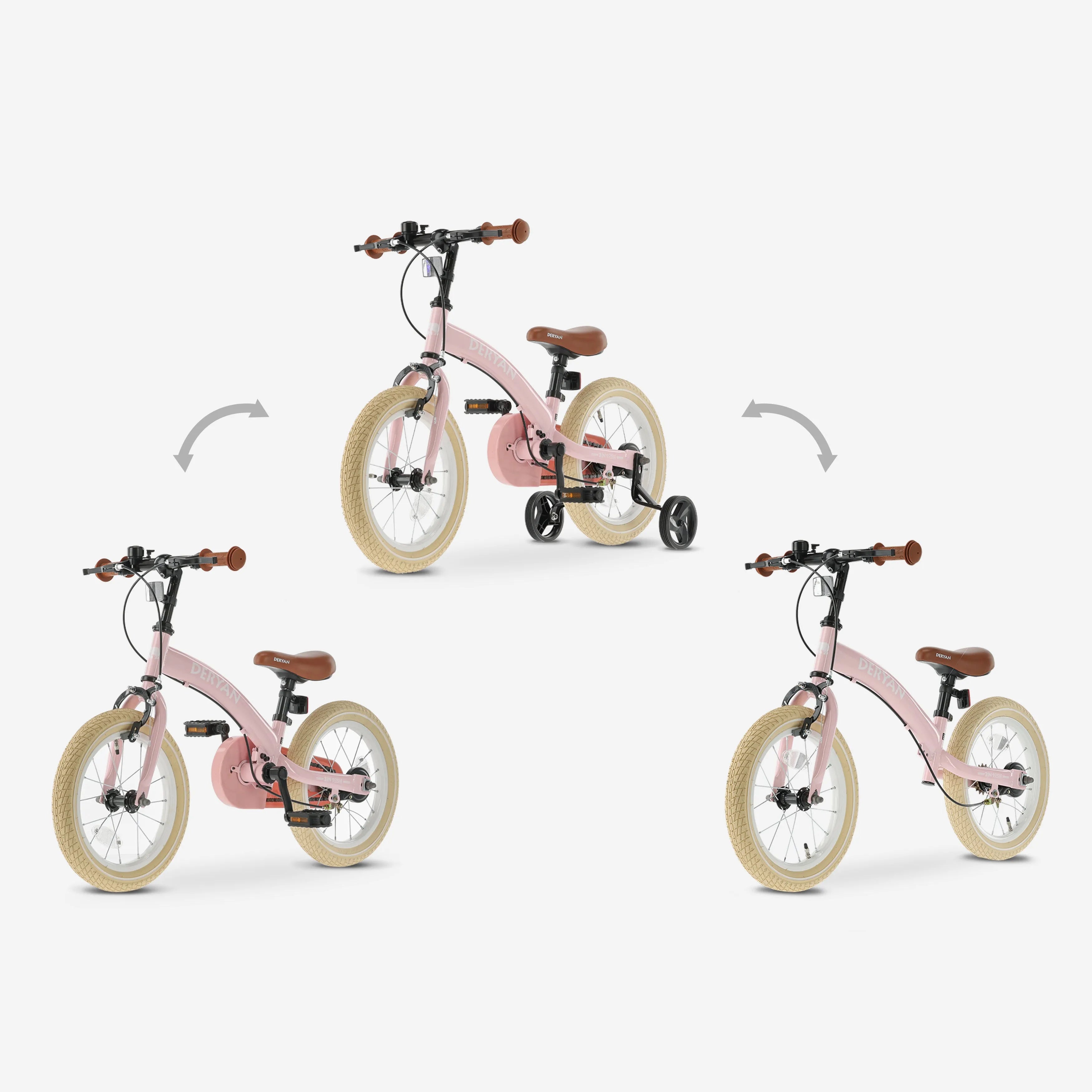 De DERYAN Luxe kinderfiets van veertien inch in het roze kan worden gebruikt als loopfiets, oefenfiets en kinderfiets. Het model heeft een verstelbaar stuur, een PU leren zadel, luchtbanden van veertien inch en een gesloten kettingkast. De fiets is bedoeld voor kinderen die leren fietsen.