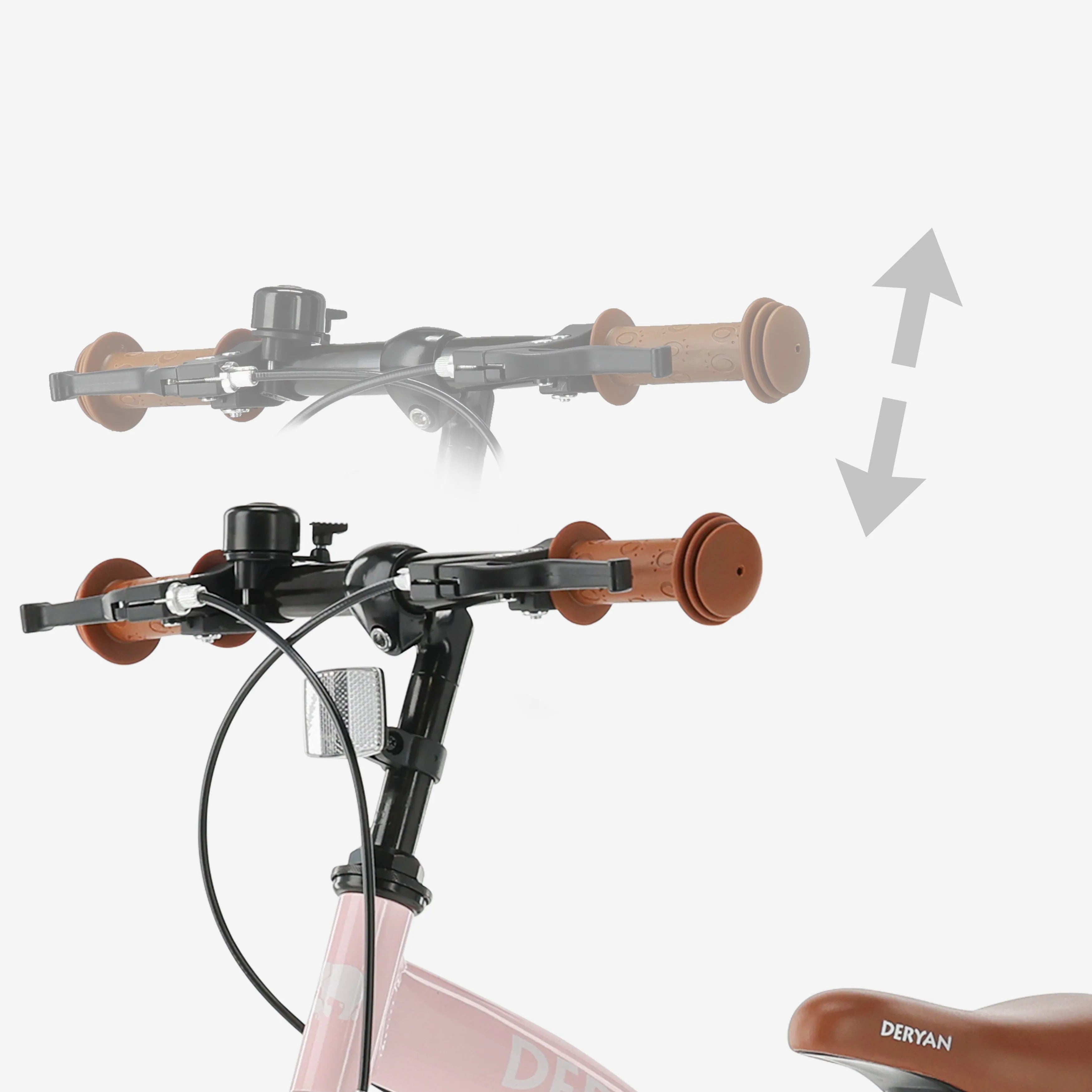 De DERYAN Luxe kinderfiets van veertien inch in het roze kan worden gebruikt als loopfiets, oefenfiets en kinderfiets. Het model heeft een verstelbaar stuur, een PU leren zadel, luchtbanden van veertien inch en een gesloten kettingkast. De fiets is bedoeld voor kinderen die leren fietsen.