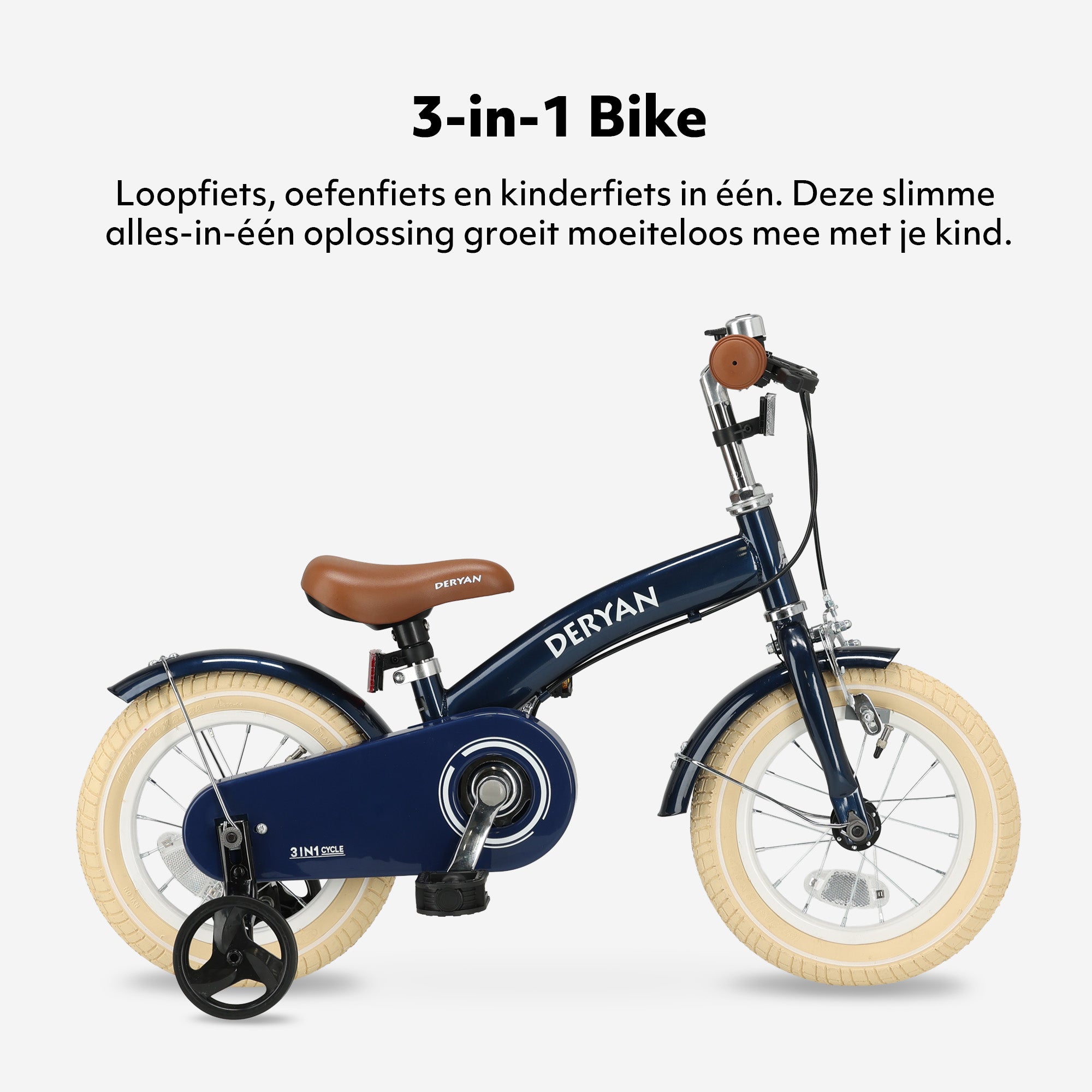 Luxe kinderfiets 12 inch blauw 3-in-1 met gesloten kettingkast en luchtbanden