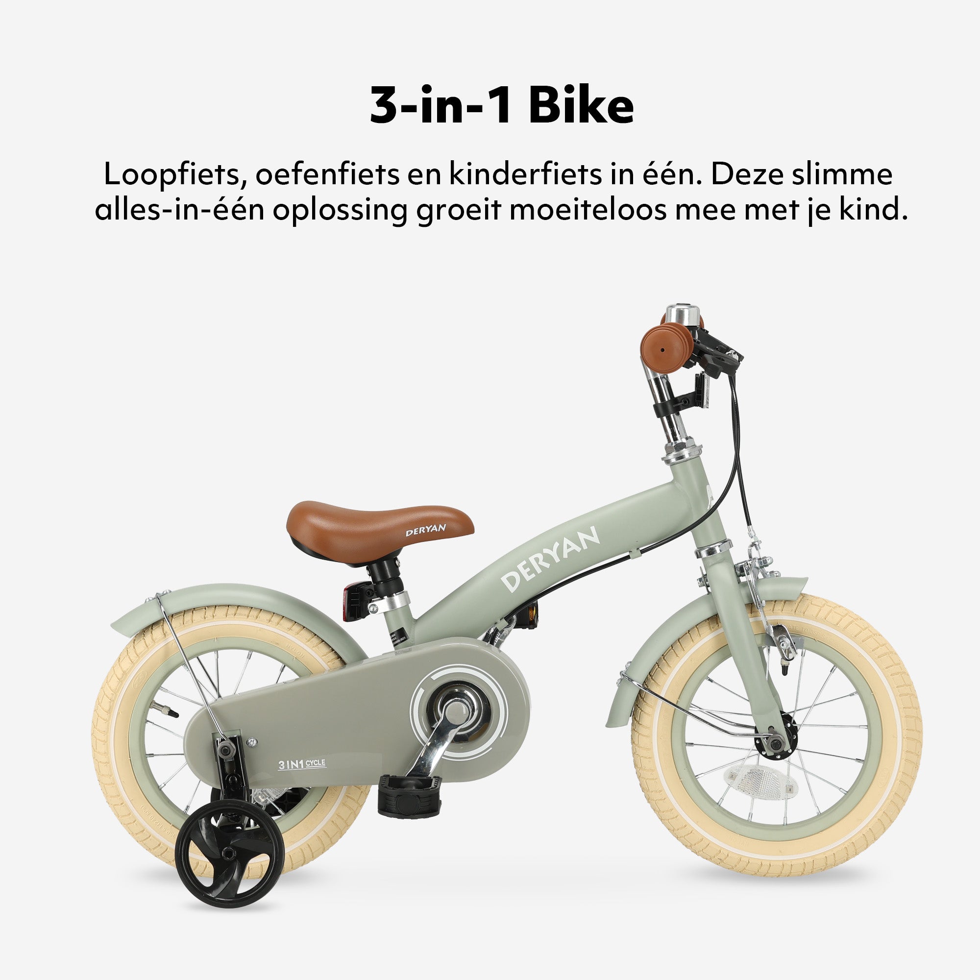 Luxe kinderfiets 12 inch groen 3-in-1 met gesloten kettingkast en luchtbanden