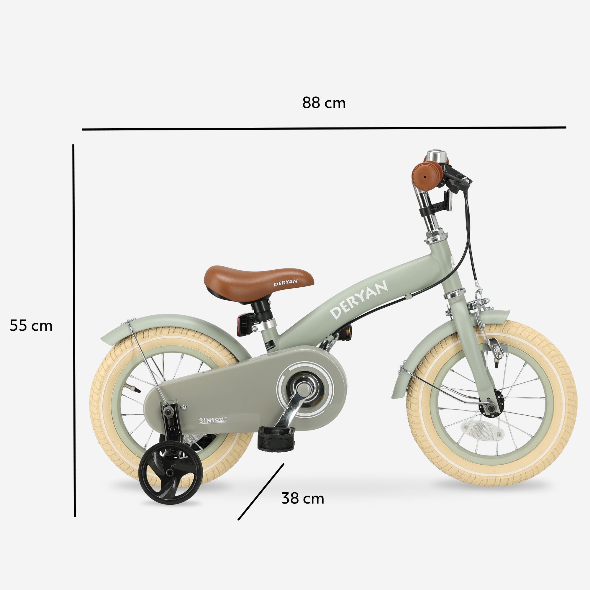 De DERYAN Luxe kinderfiets van twaalf inch in het groen kan worden gebruikt als loopfiets, oefenfiets en kinderfiets. Het model heeft een verstelbaar stuur, een PU leren zadel, luchtbanden van twaalf inch en een gesloten kettingkast. De fiets is bedoeld voor kinderen die leren fietsen.