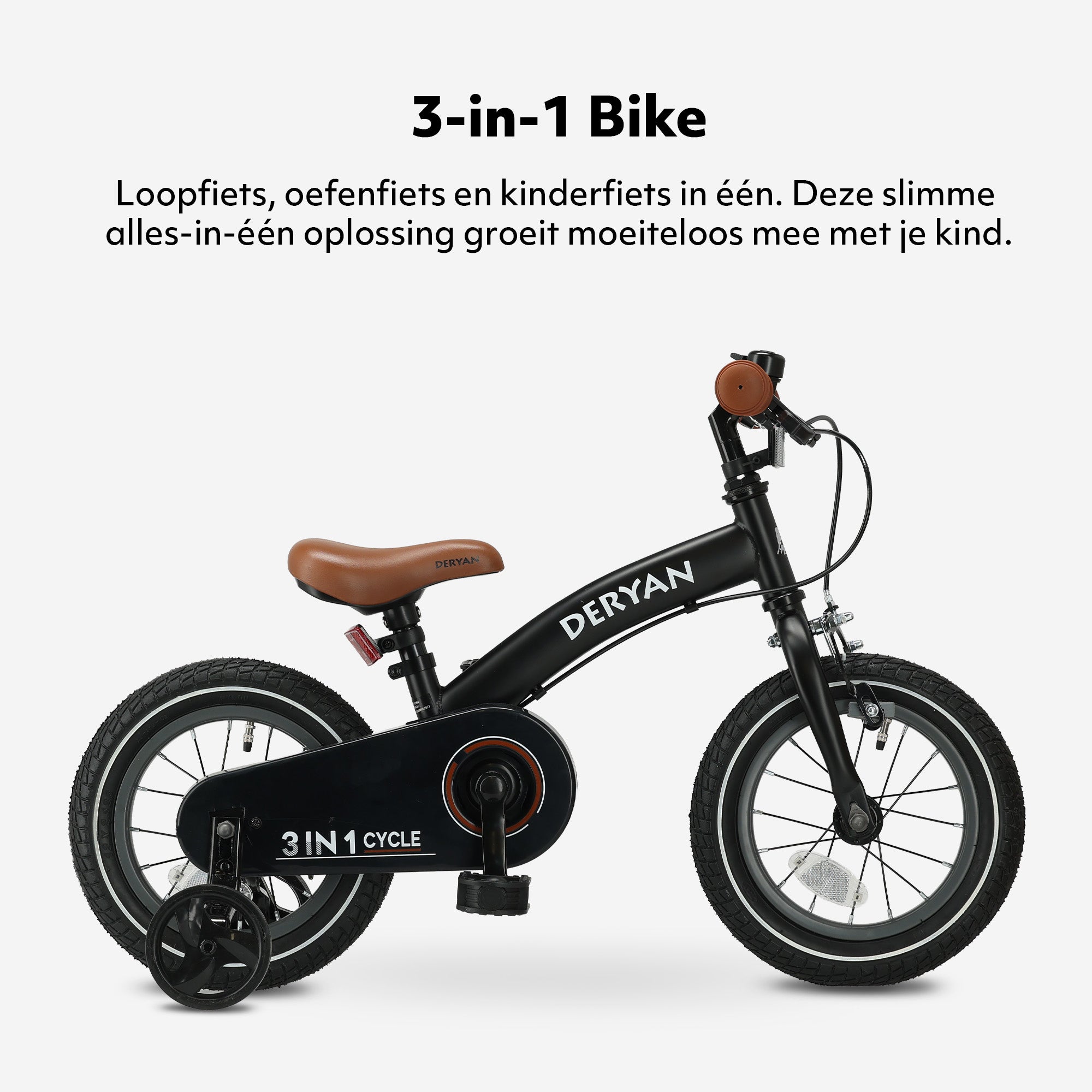 Luxe kinderfiets 12 inch zwart 3-in-1 met gesloten kettingkast en luchtbanden