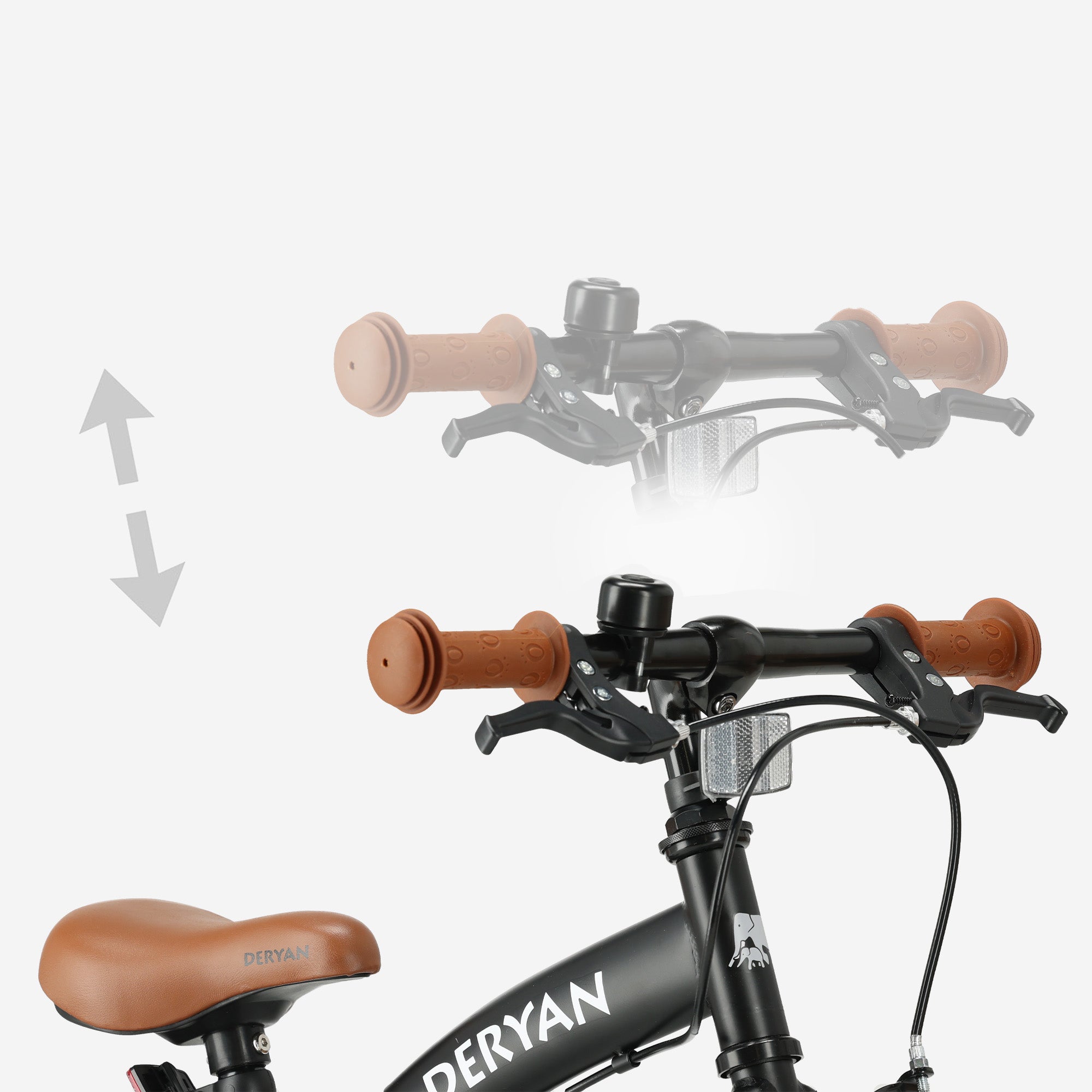 De DERYAN Luxe kinderfiets van twaalf inch in het zwart kan worden gebruikt als loopfiets, oefenfiets en kinderfiets. Het model heeft een verstelbaar stuur, een PU leren zadel, luchtbanden van twaalf inch en een gesloten kettingkast. De fiets is bedoeld voor kinderen die leren fietsen.