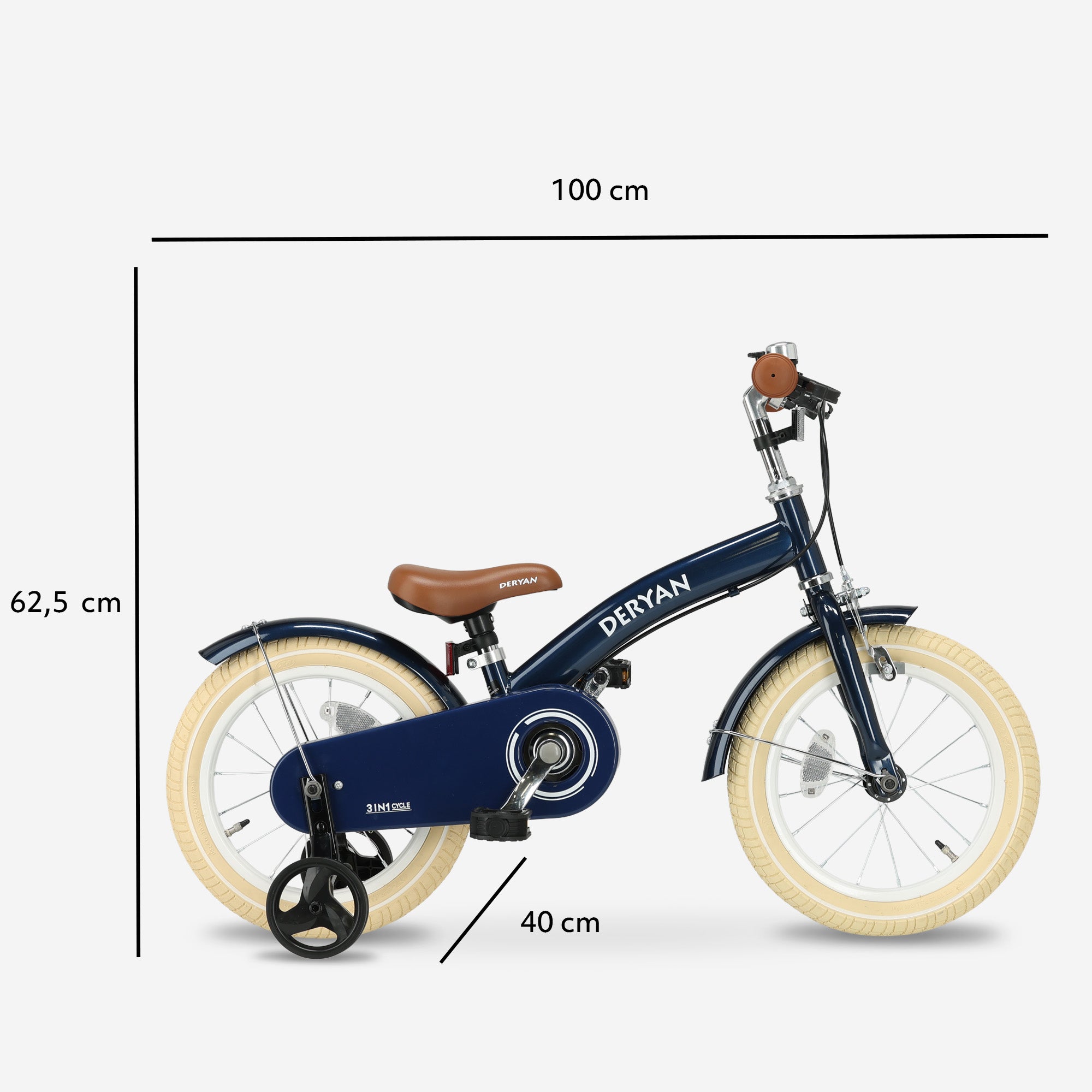 De DERYAN Luxe kinderfiets van veertien inch in het blauw kan worden gebruikt als loopfiets, oefenfiets en kinderfiets. Het model heeft een verstelbaar stuur, een PU leren zadel, luchtbanden van veertien inch en een gesloten kettingkast. De fiets is bedoeld voor kinderen die leren fietsen.