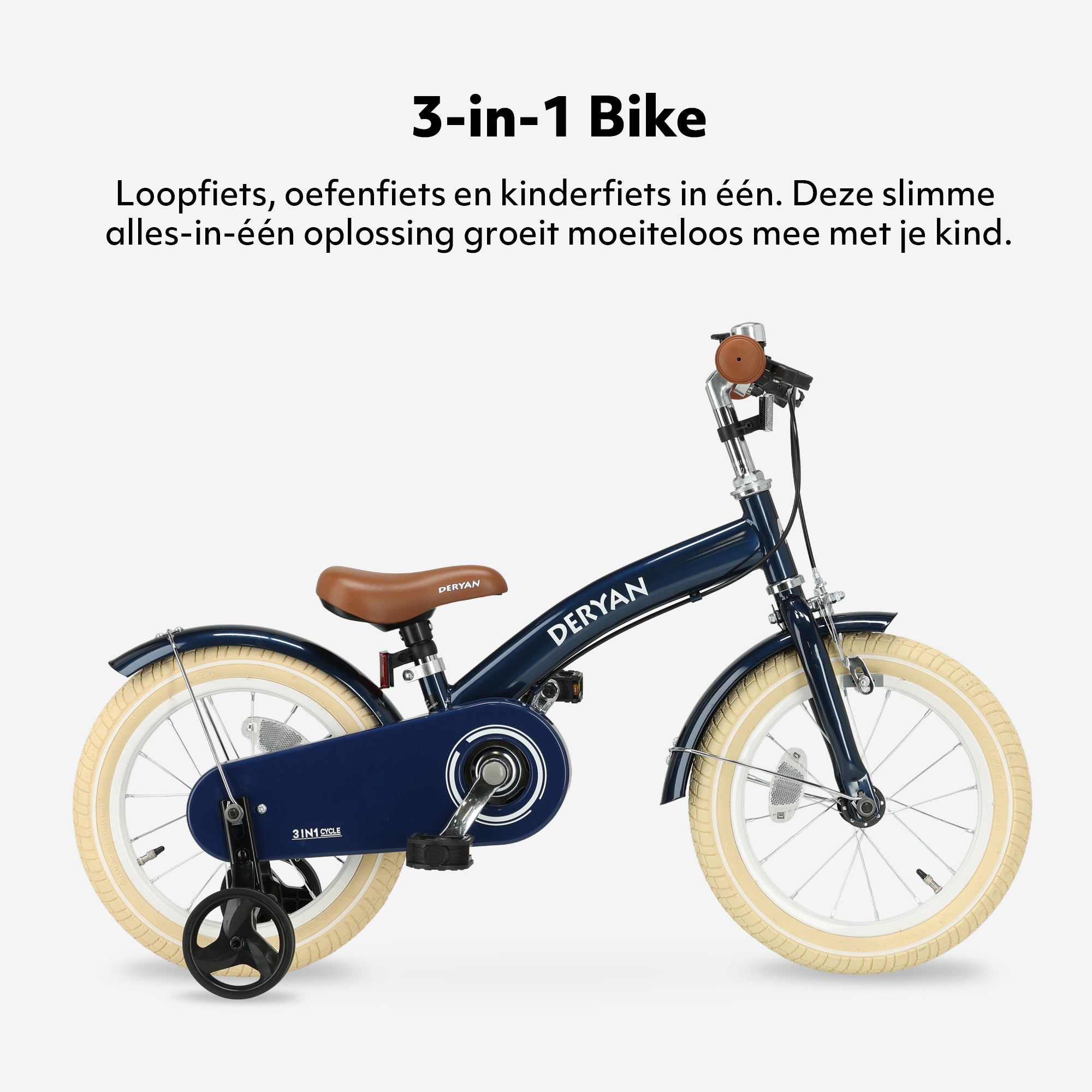 Luxe kinderfiets 14 inch blauw 3-in-1 met gesloten kettingkast en luchtbanden