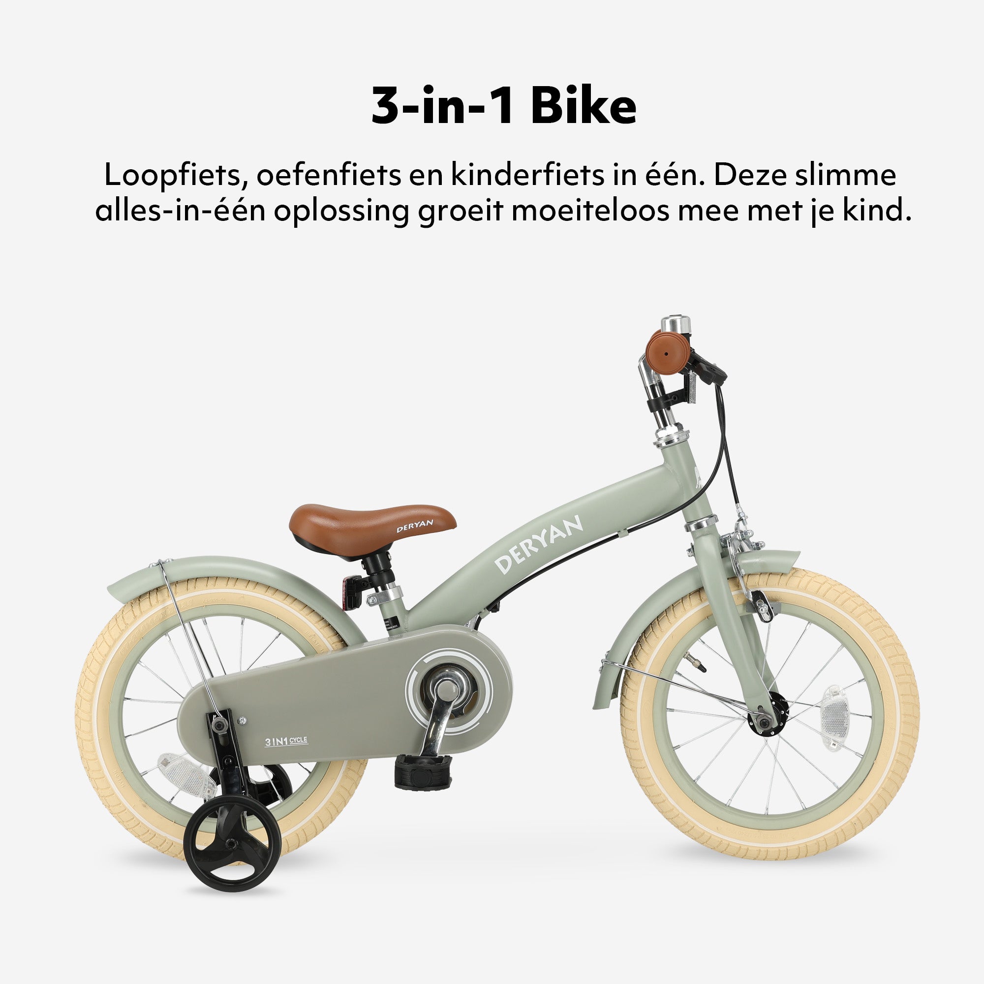 Luxe kinderfiets 14 inch groen 3-in-1 met gesloten kettingkast en luchtbanden