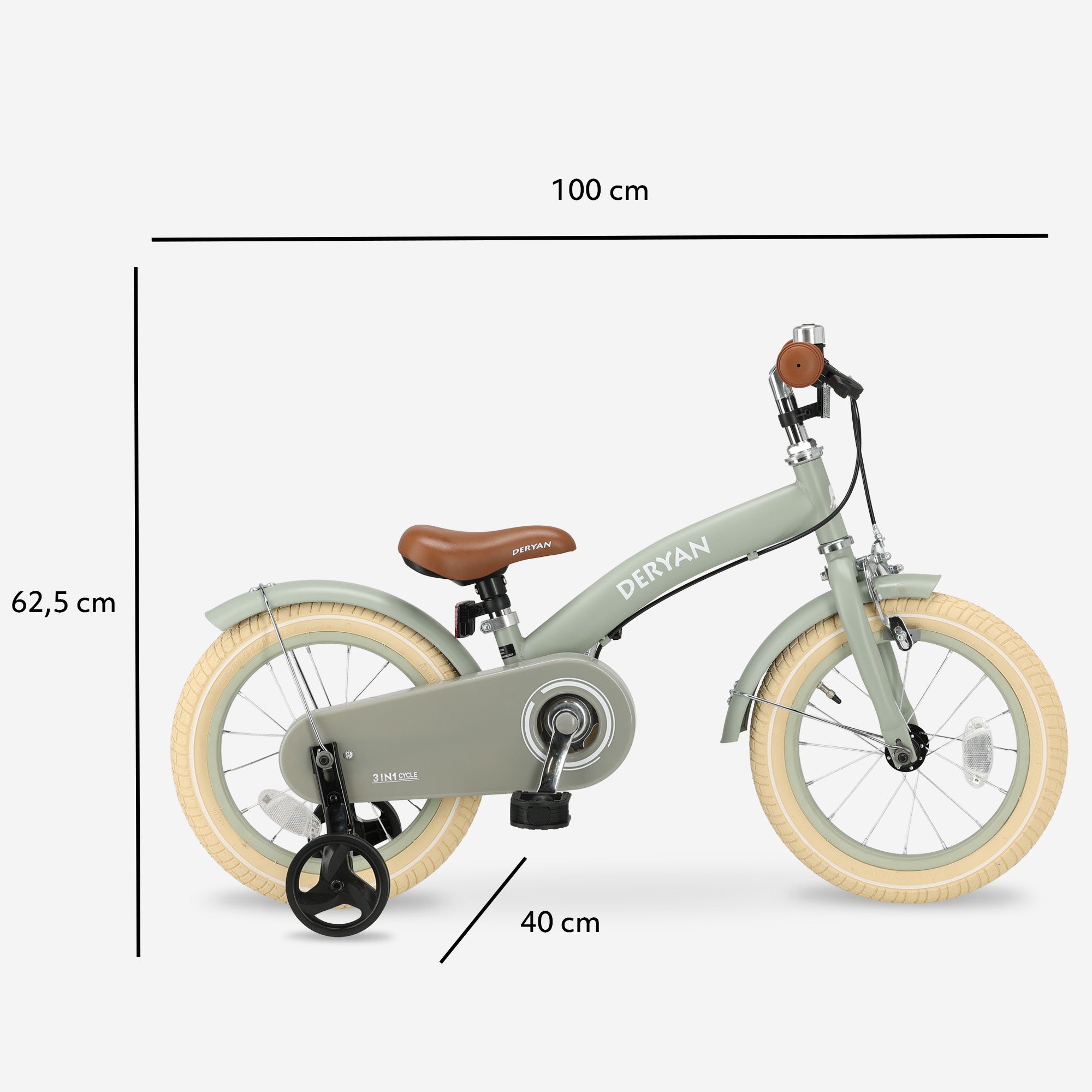 De DERYAN Luxe kinderfiets van veertien inch in het groen kan worden gebruikt als loopfiets, oefenfiets en kinderfiets. Het model heeft een verstelbaar stuur, een PU leren zadel, luchtbanden van veertien inch en een gesloten kettingkast. De fiets is bedoeld voor kinderen die leren fietsen.