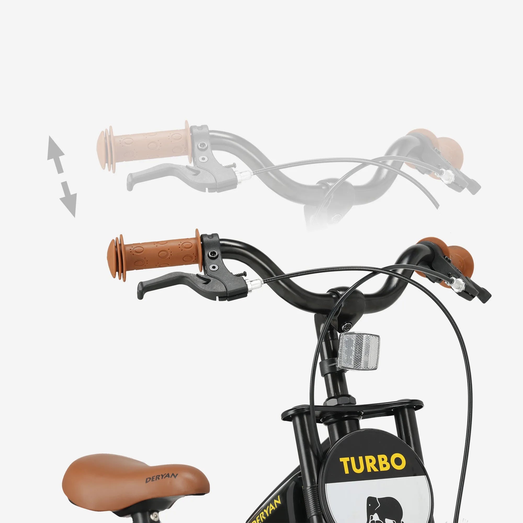 De DERYAN Turbo kinderfiets van zestien inch kan worden gebruikt als loopfiets, oefenfiets en kinderfiets. Het model heeft een verstelbaar stuur, een PU leren zadel, afneembare pedalen en een gesloten kettingkast. De fiets is bedoeld voor kinderen die leren fietsen.