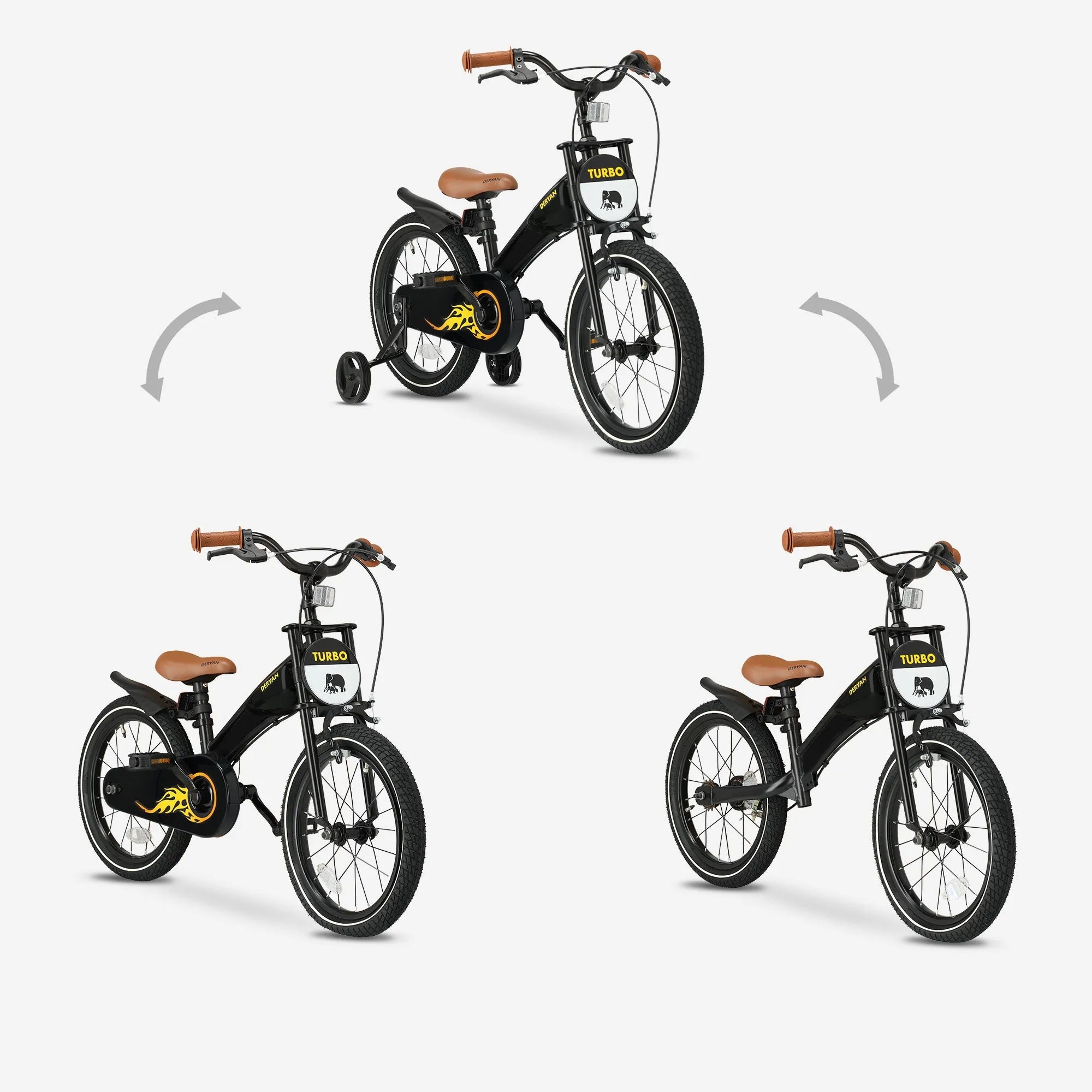 De DERYAN Turbo kinderfiets van zestien inch kan worden gebruikt als loopfiets, oefenfiets en kinderfiets. Het model heeft een verstelbaar stuur, een PU leren zadel, afneembare pedalen en een gesloten kettingkast. De fiets is bedoeld voor kinderen die leren fietsen.