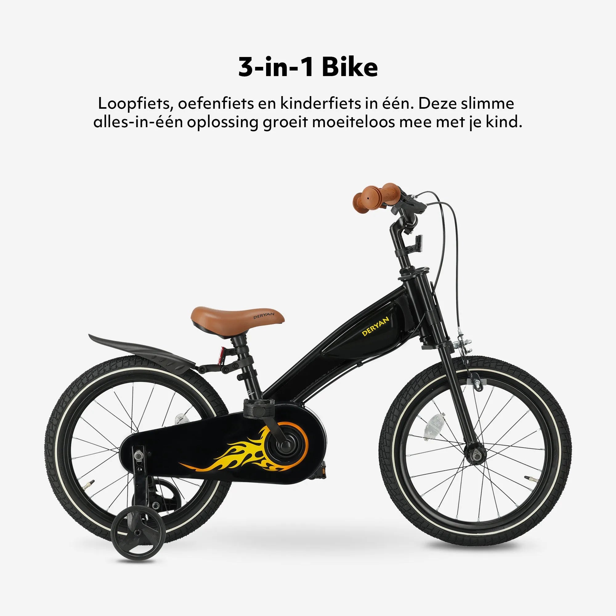 Turbo 3-in-1 kinderfiets 16 inch met PU leren zadel en gesloten kettingkast