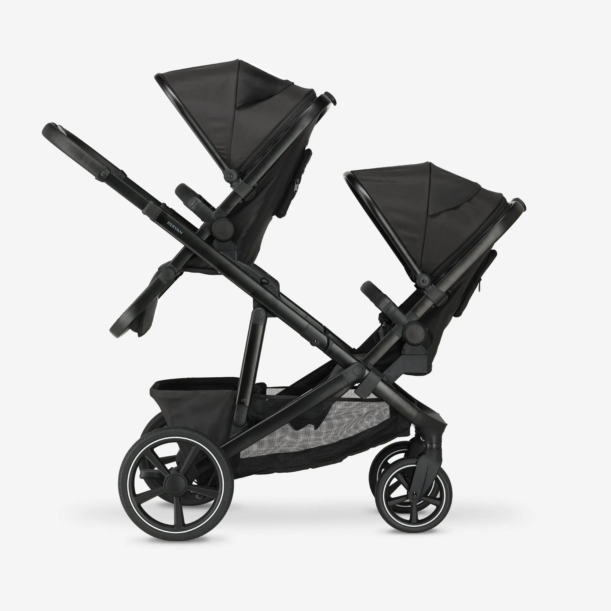 Evy Duo kinderwagen zwart met twee zitjes naast elkaar compact opvouwbaar frame