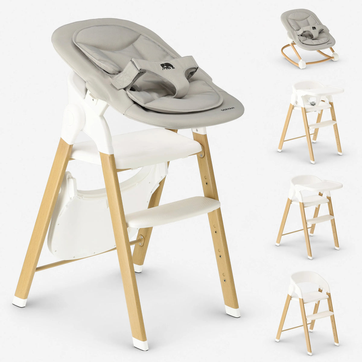 Luxe Meegroeistoel met Babyzitje en Wipstoel Wit / Hout