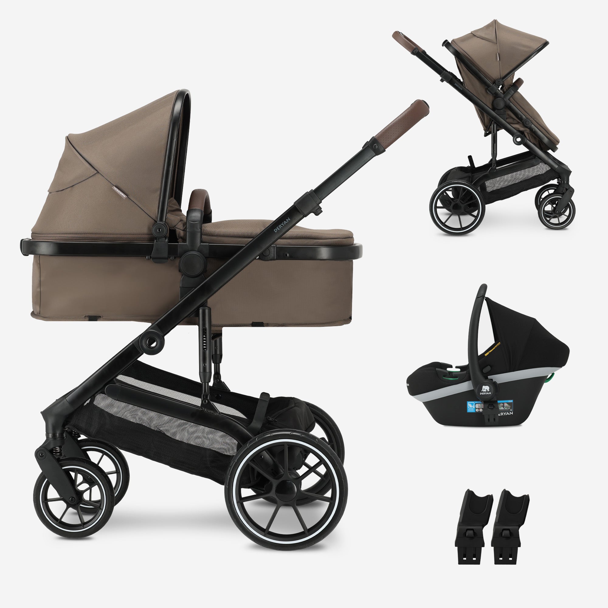 DERYAN Noa 3-in-1 kinderwagen Hazel Brown met ombouwbare reiswieg, autostoel, adapters en cupholder