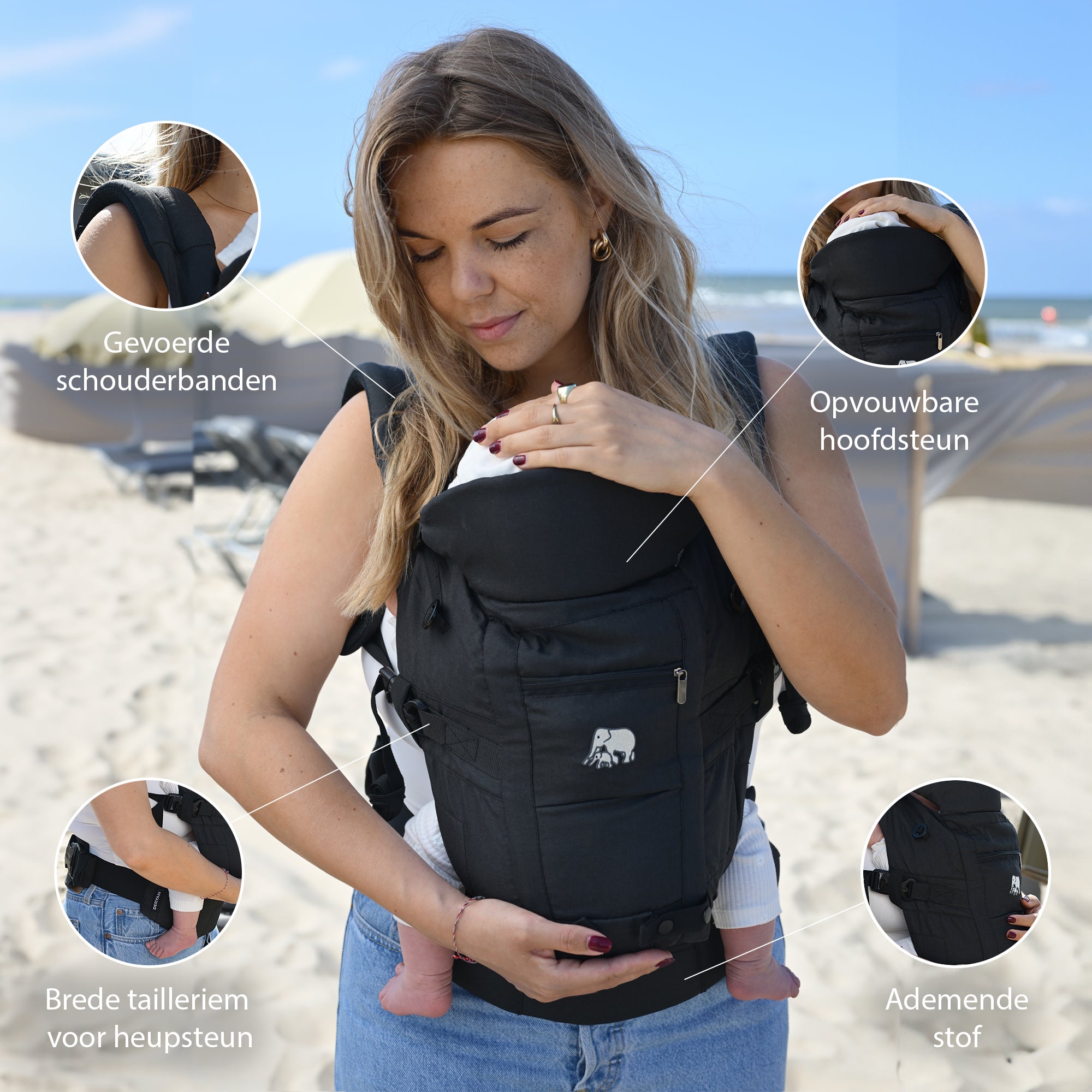 Draagzak 4-in-1 zwart ergonomisch verstelbaar met vier draagstanden