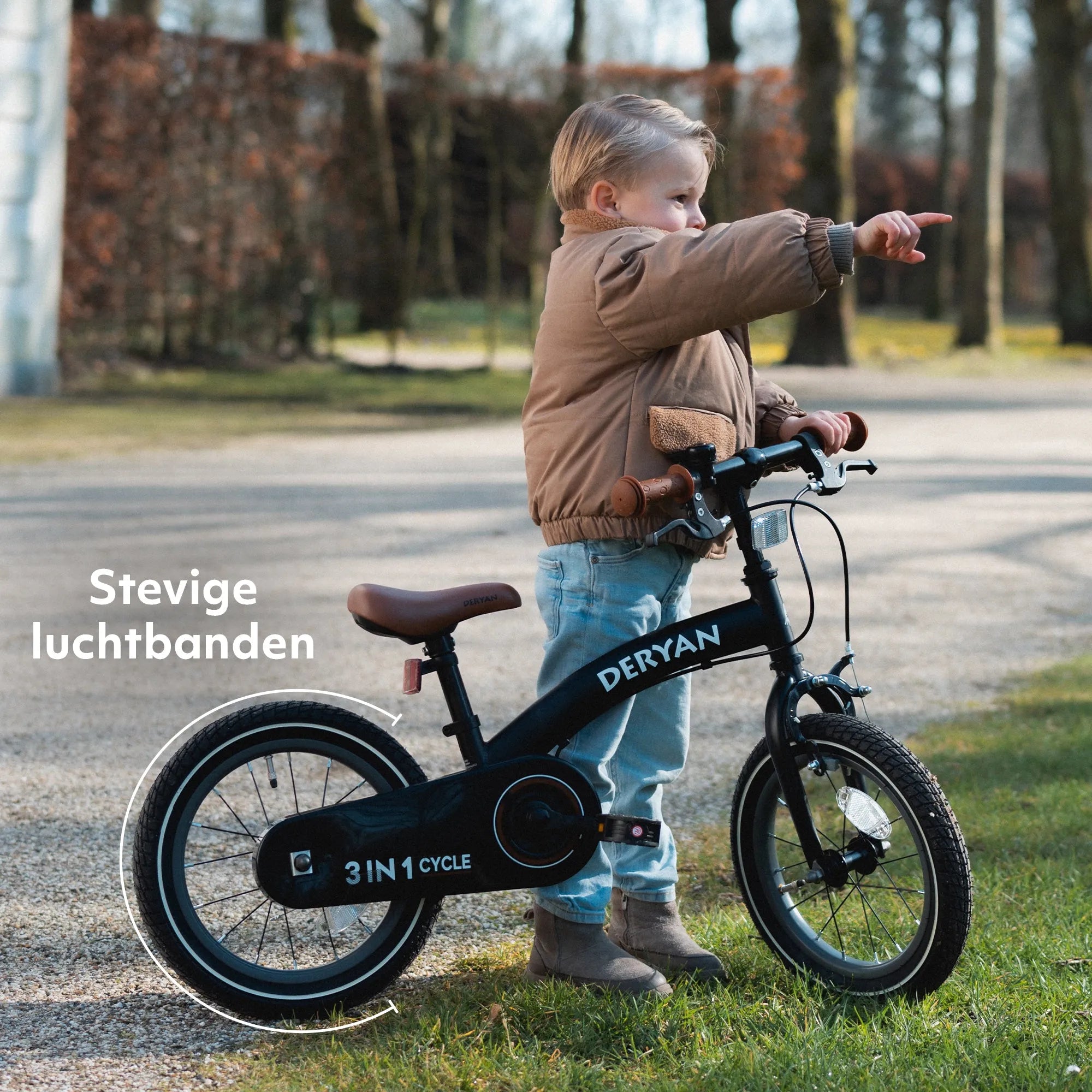 Luxe kinderfiets 14 inch zwart 3-in-1 met verstelbaar stuur en PU leren zadel