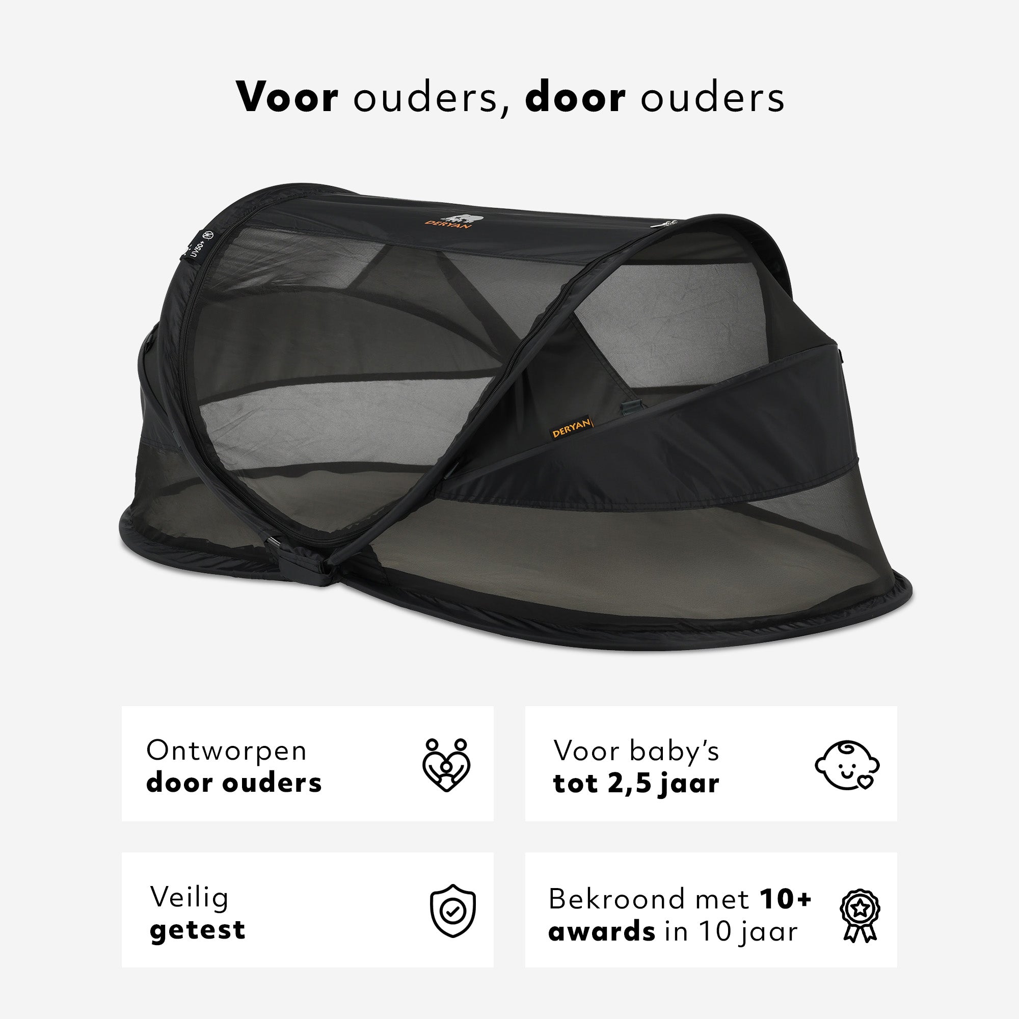 Baby Luxe Zwart pop-up reisbed met muggennet <1 mm en zelfopblaasbaar matras