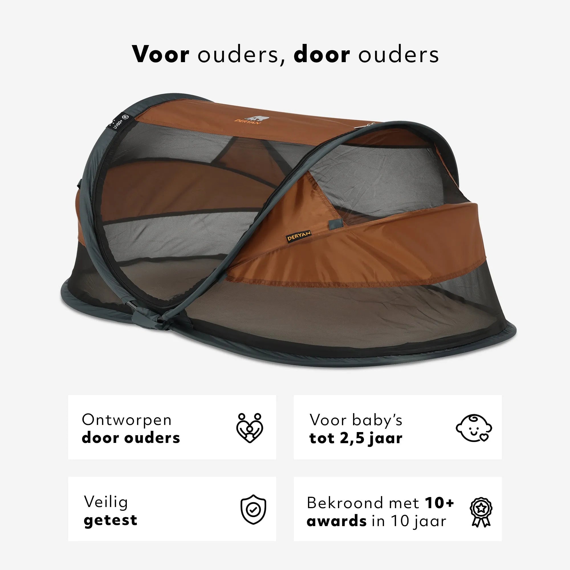 Baby Luxe Caramel pop-up reisbed met muggennet <1 mm en zelfopblaasbaar matras