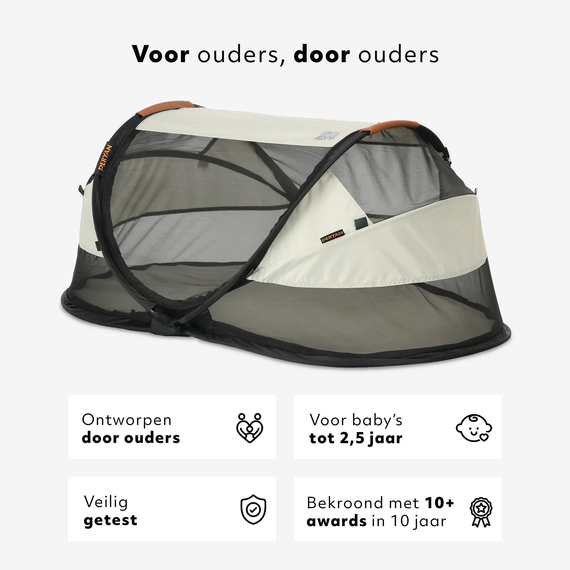 Baby Luxe Ivory pop-up reisbed met lederen handvatten en zelfopblaasbaar matras