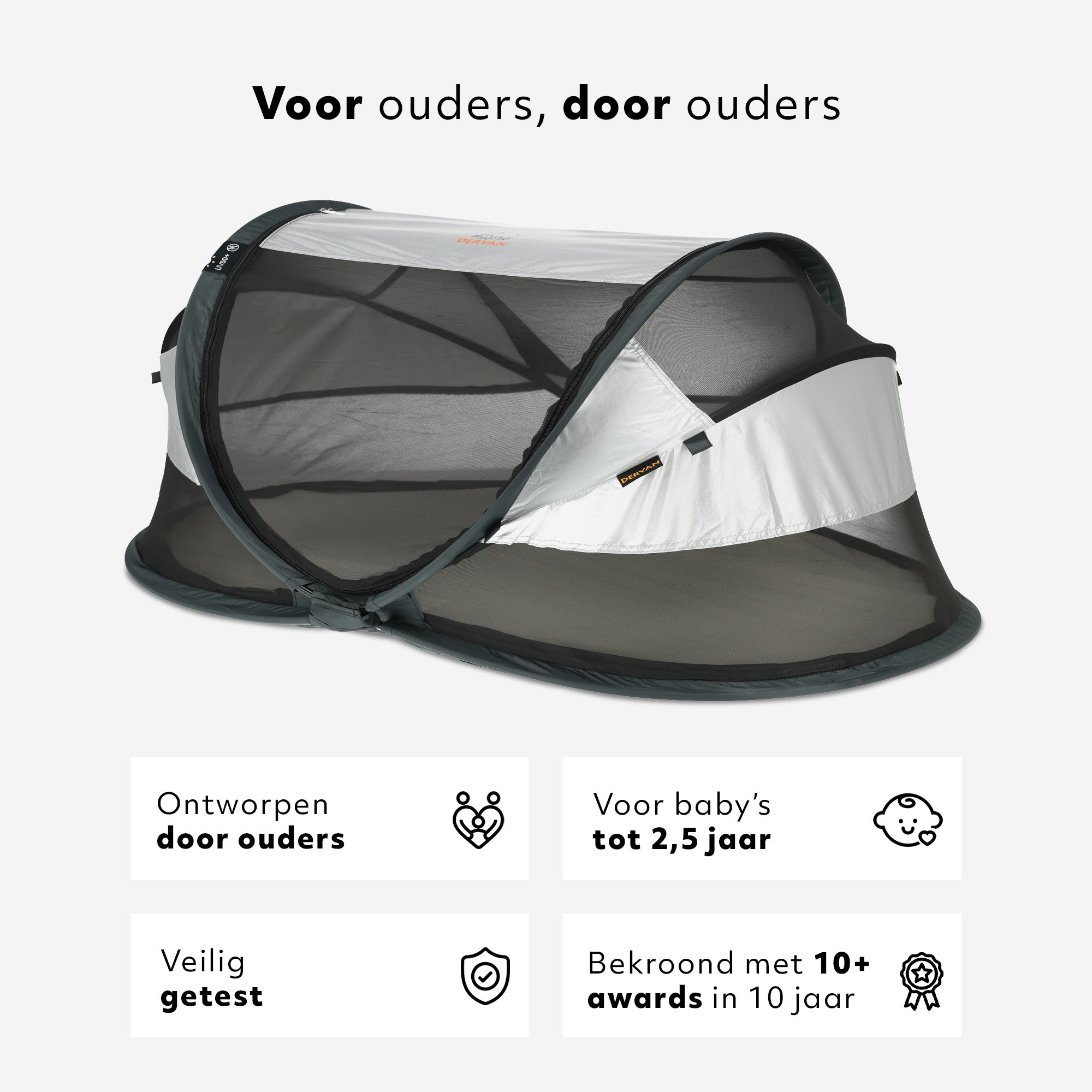 Baby Luxe Zilver pop-up reisbed met muggennet <1 mm en zelfopblaasbaar matras