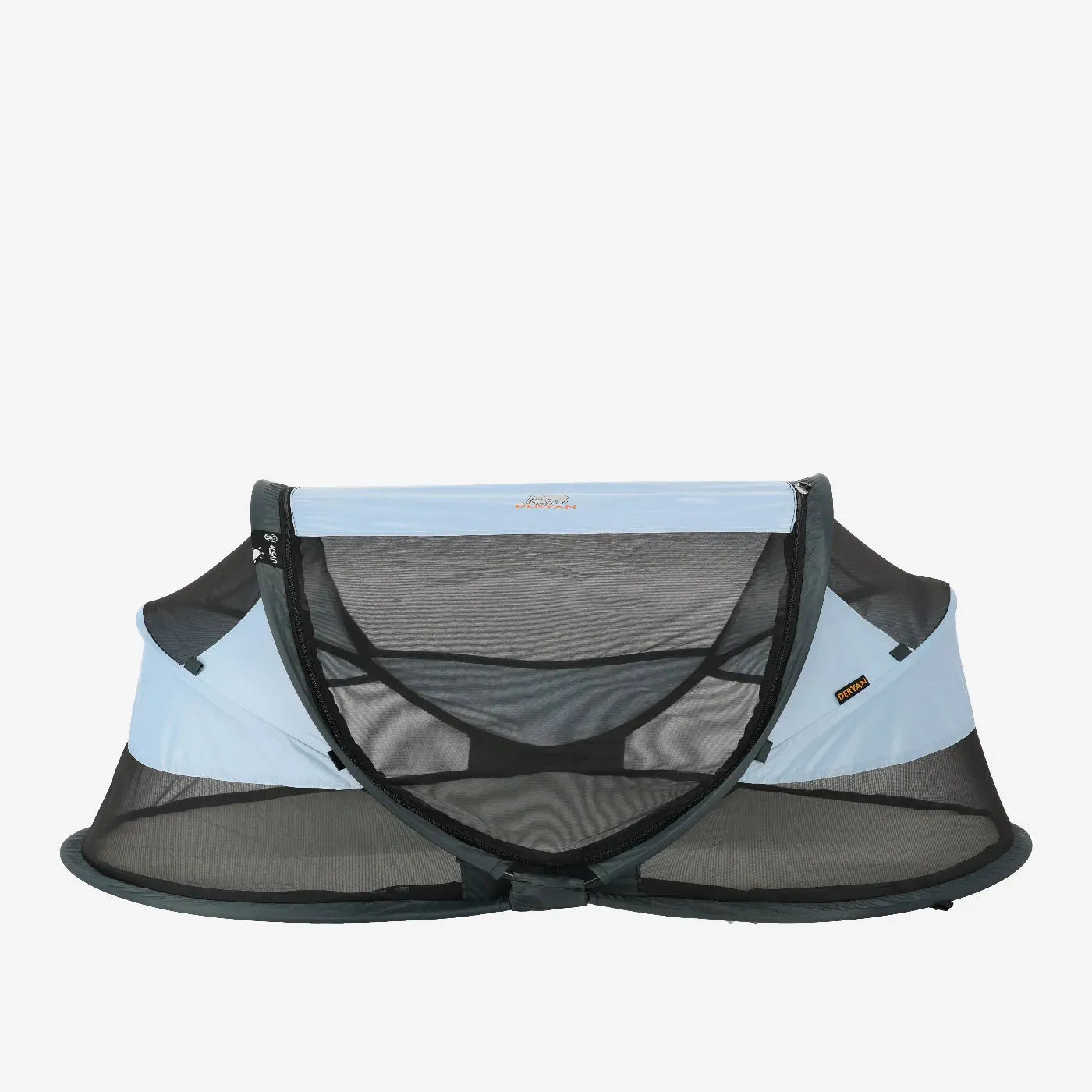 Baby Luxe Blauw reisbed pop-up met muggennet <1 mm zelfopblaasbaar matras 50% UV-bescherming draagtas canvas tas