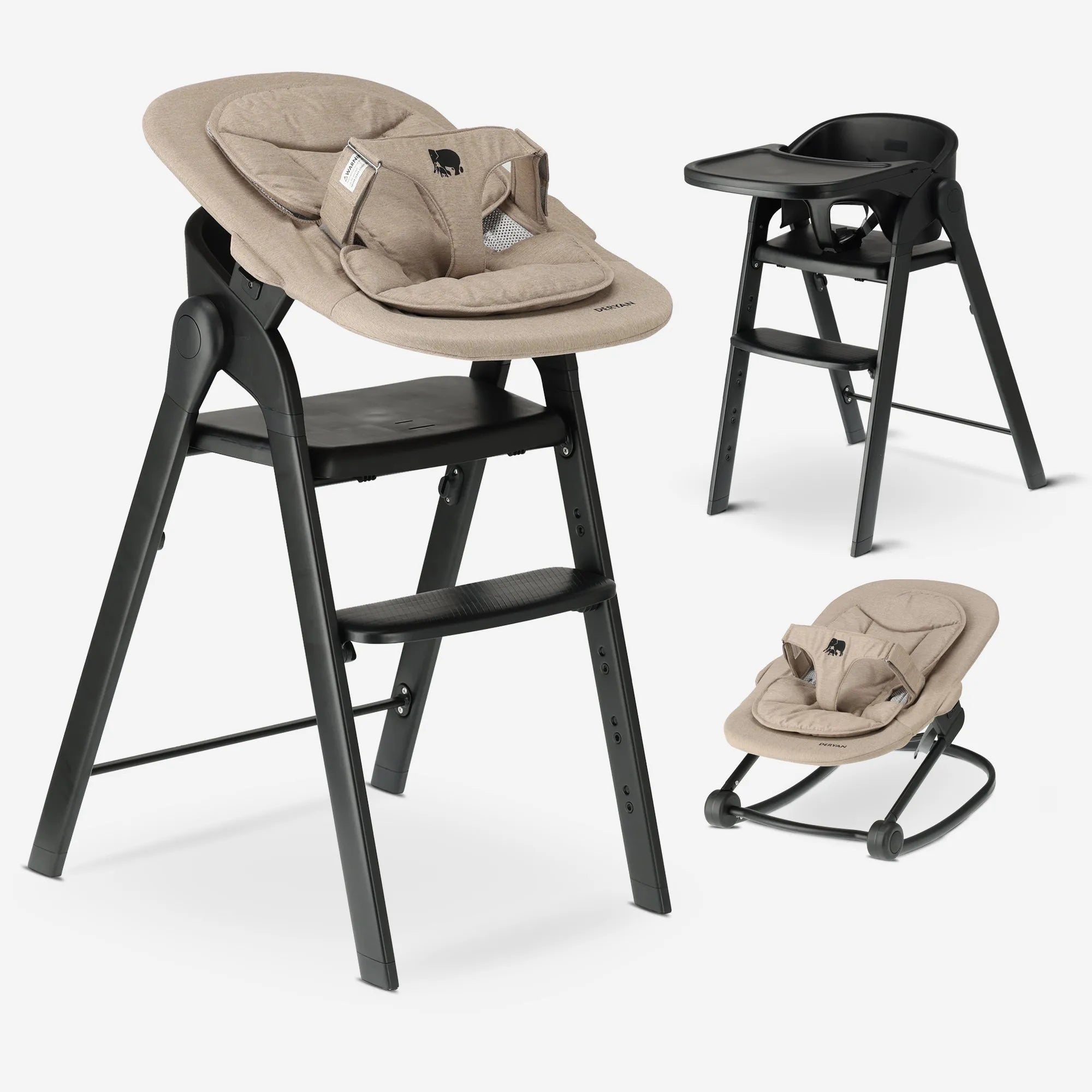 DERYAN Luxe Kinderstoel met Bouncer Zwart/Nougat – veelzijdige meegroeistoel met bouncer en afneembaar eetblad. Biedt ergonomisch comfort en groeit mee van baby tot peuter. Compact op te bergen en uitgevoerd in stijlvolle zwart/nougat kleur. Ideaal voor moderne gezinnen.
