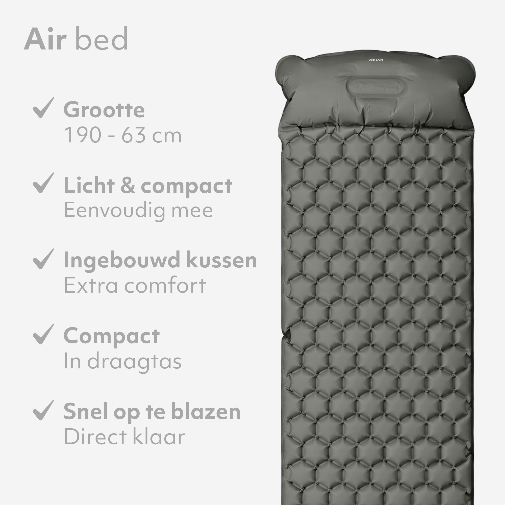 Deryan Air Bed - Luchtbed Kamperen - Inclusief tas - grijs