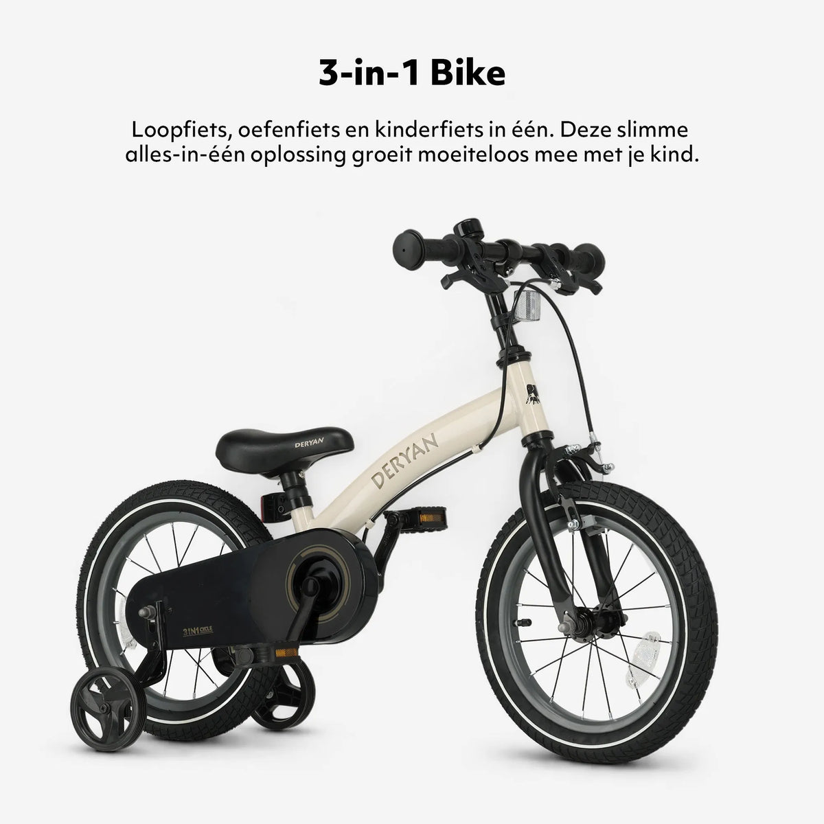 Luxe Kinderfiets 14 inch - 3 in 1 - loopfiets Sand