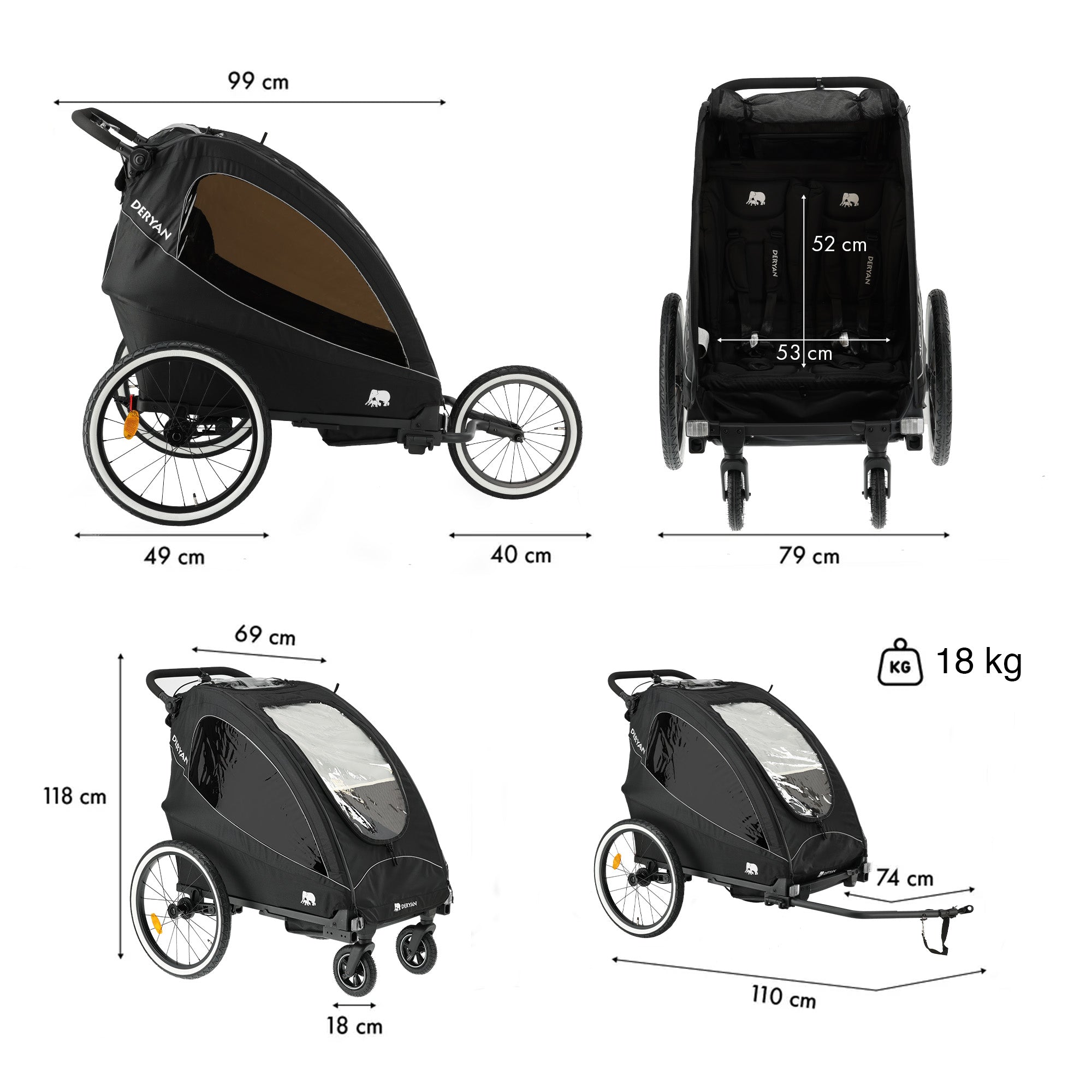 Luxe Fietskar - fietskar en wandelwagen en hardloopkinderwagen - Zwart
