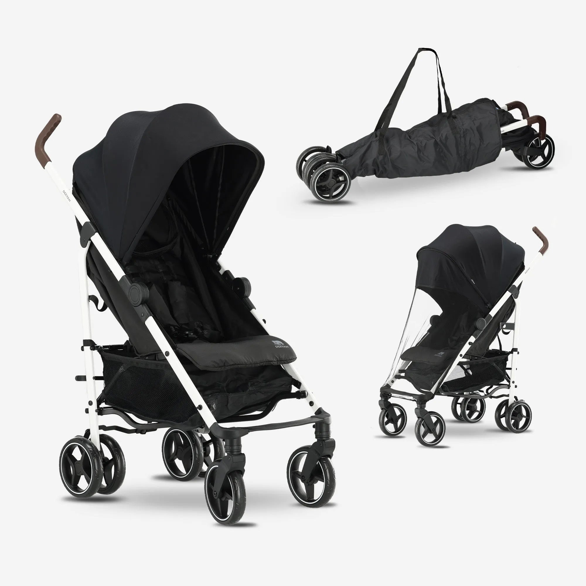 Bobbie buggy zwart met wit frame inklapbaar 5-punts gordel verstelbare rugleuning en draagtas