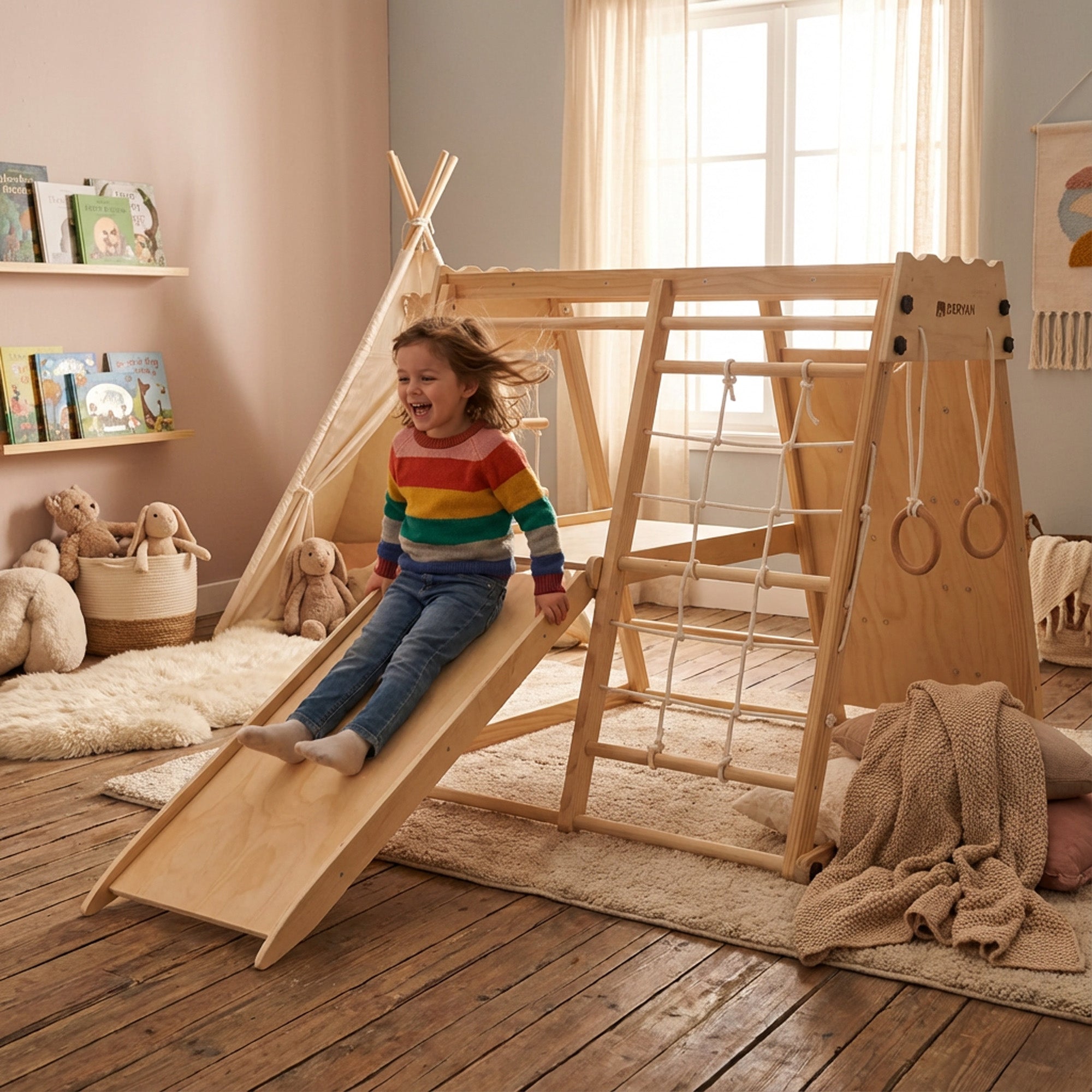 Luxe Houten Speelklimrek - Speeltoestel voor kinderen - Met glijbaan + Klimwand en Accessoires