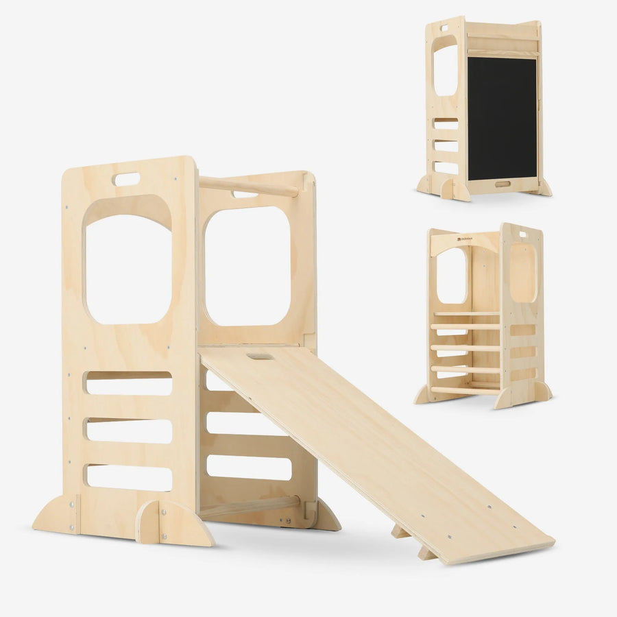 Luxe 4-in-1 Leertoren - Klimtoren met Glijbaan en Krijtbord