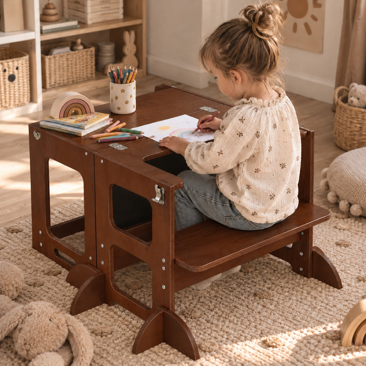 Luxe Houten Leertoren 4-in-1 met Tekenbord en Speeltafel - Warm Brown