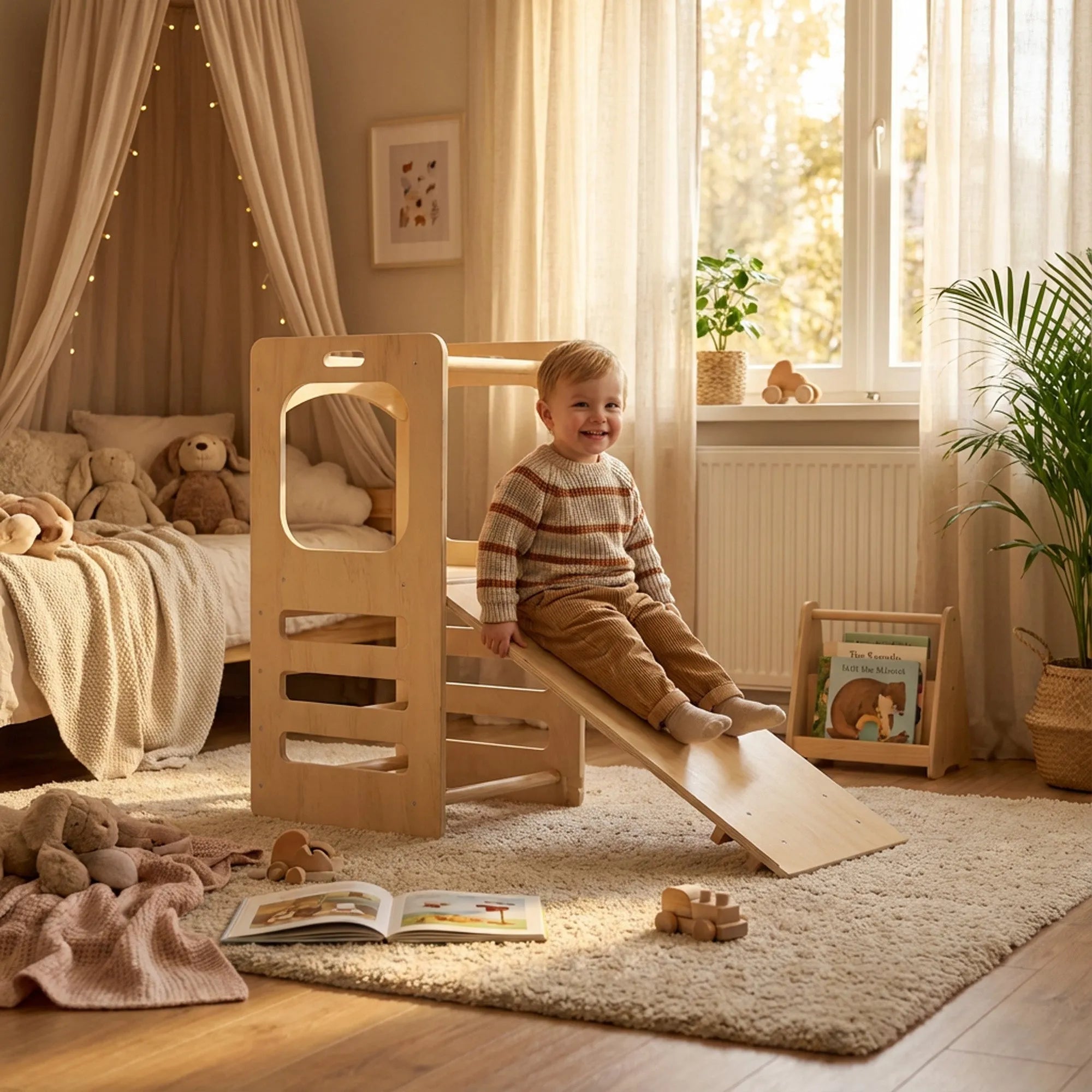 Luxe 4-in-1 Leertoren - Klimtoren met Glijbaan en Krijtbord