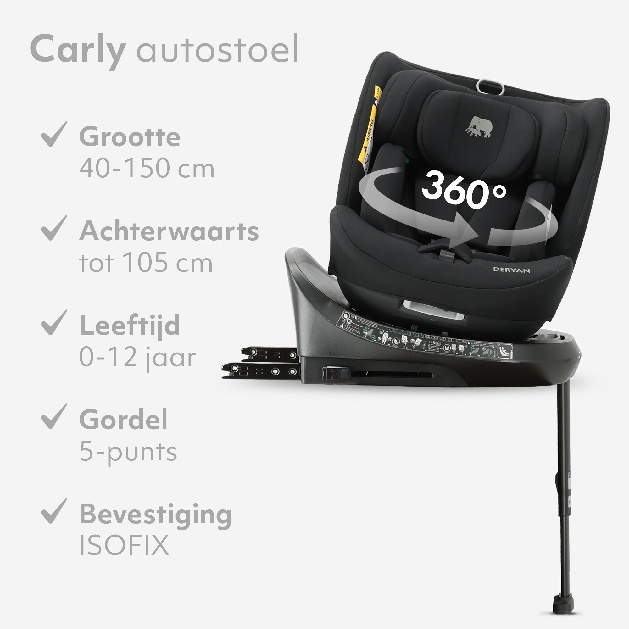 Carly Luxe i-Size Autostoel - 0-36kg - Isofix + steunpoot - 360 draaibaar - Zwart