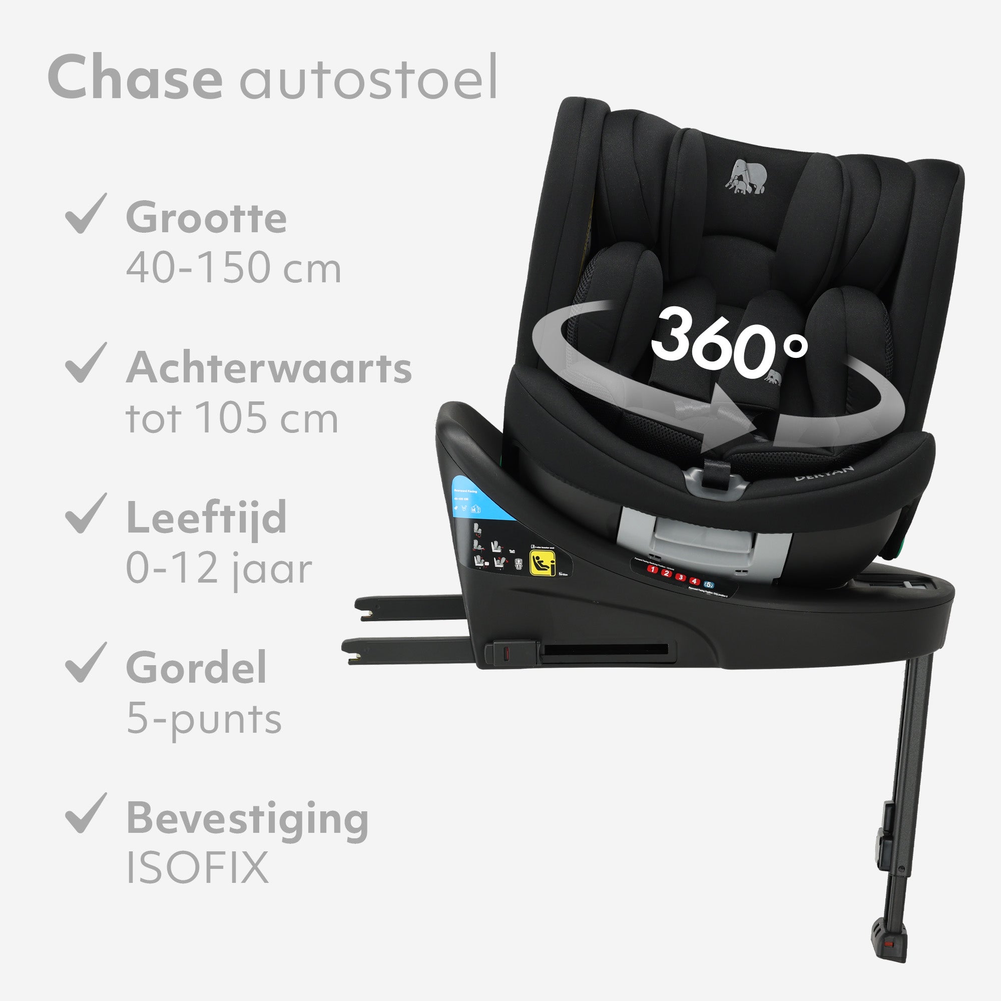 Chase Luxe i-Size Autostoel - 0-36kg - Isofix steunpoot - 360 draaibaar - Zwart