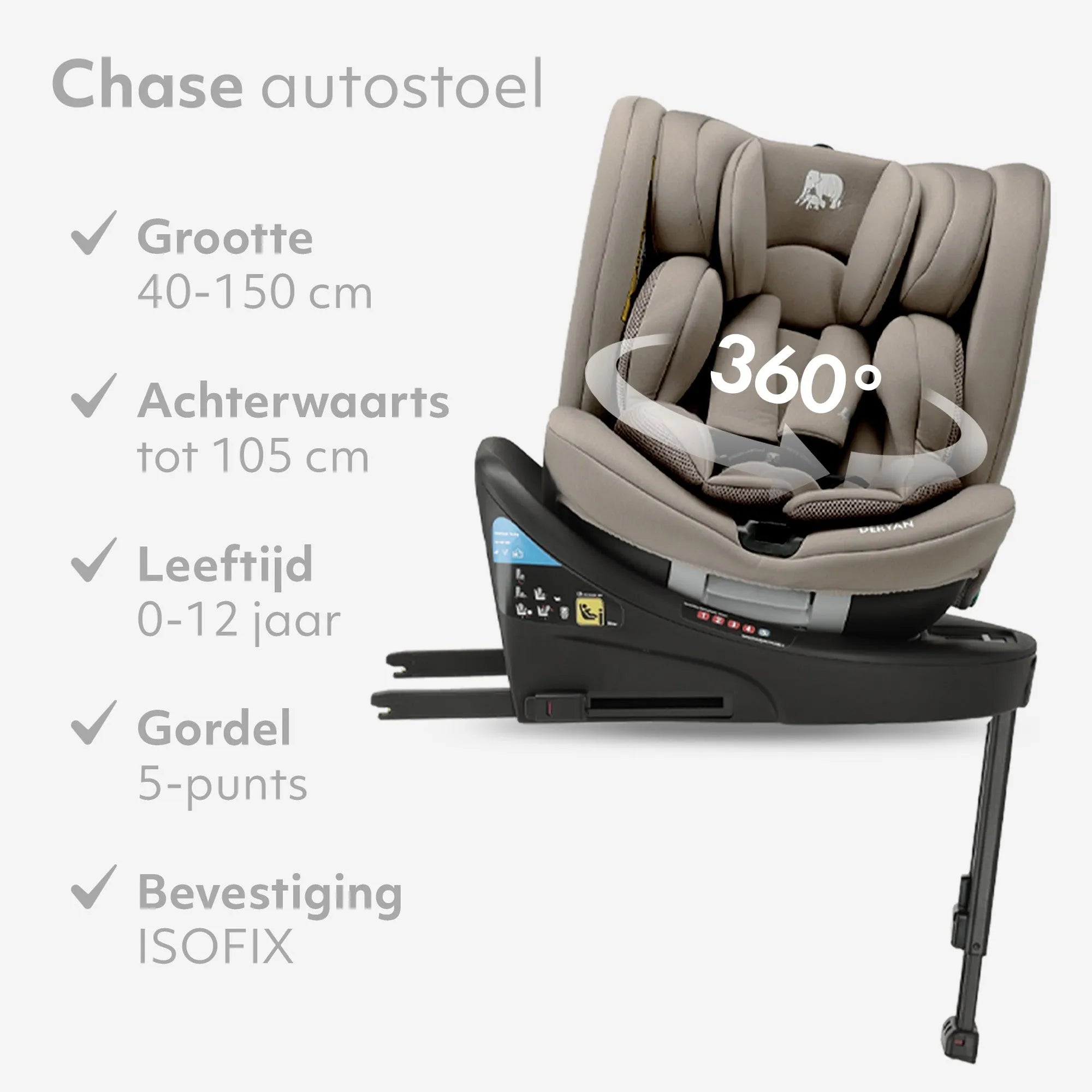 Chase Luxe i-Size/isofix 360° Steunpoot Autostoel 40-150 cm - 0-36 kg - Truffle Nougat