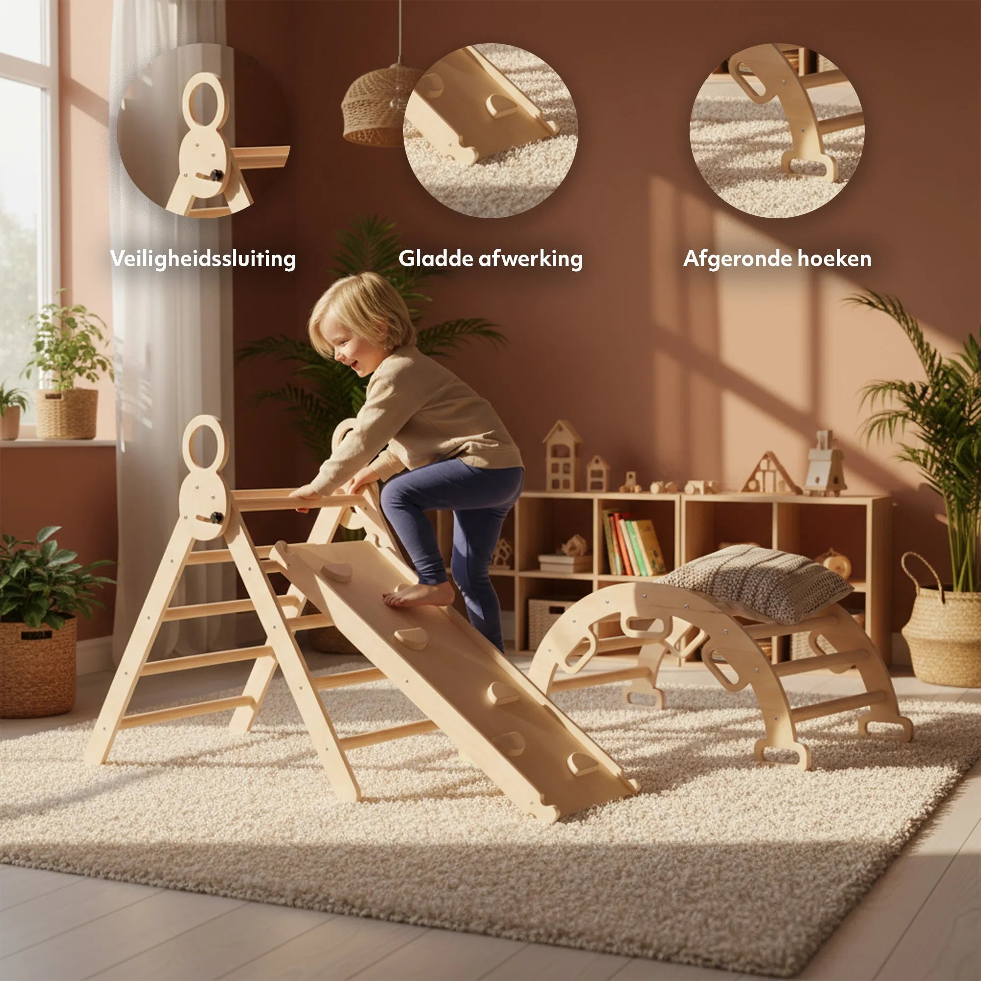 Het DERYAN Luxe houten klimrek is bedoeld voor gebruik binnenshuis door jonge kinderen tijdens spel en beweging. Het klimrek is gemaakt van hout en heeft meerdere speelelementen die klimmen en bewegen mogelijk maken. Het model is geschikt voor plaatsing in huis.